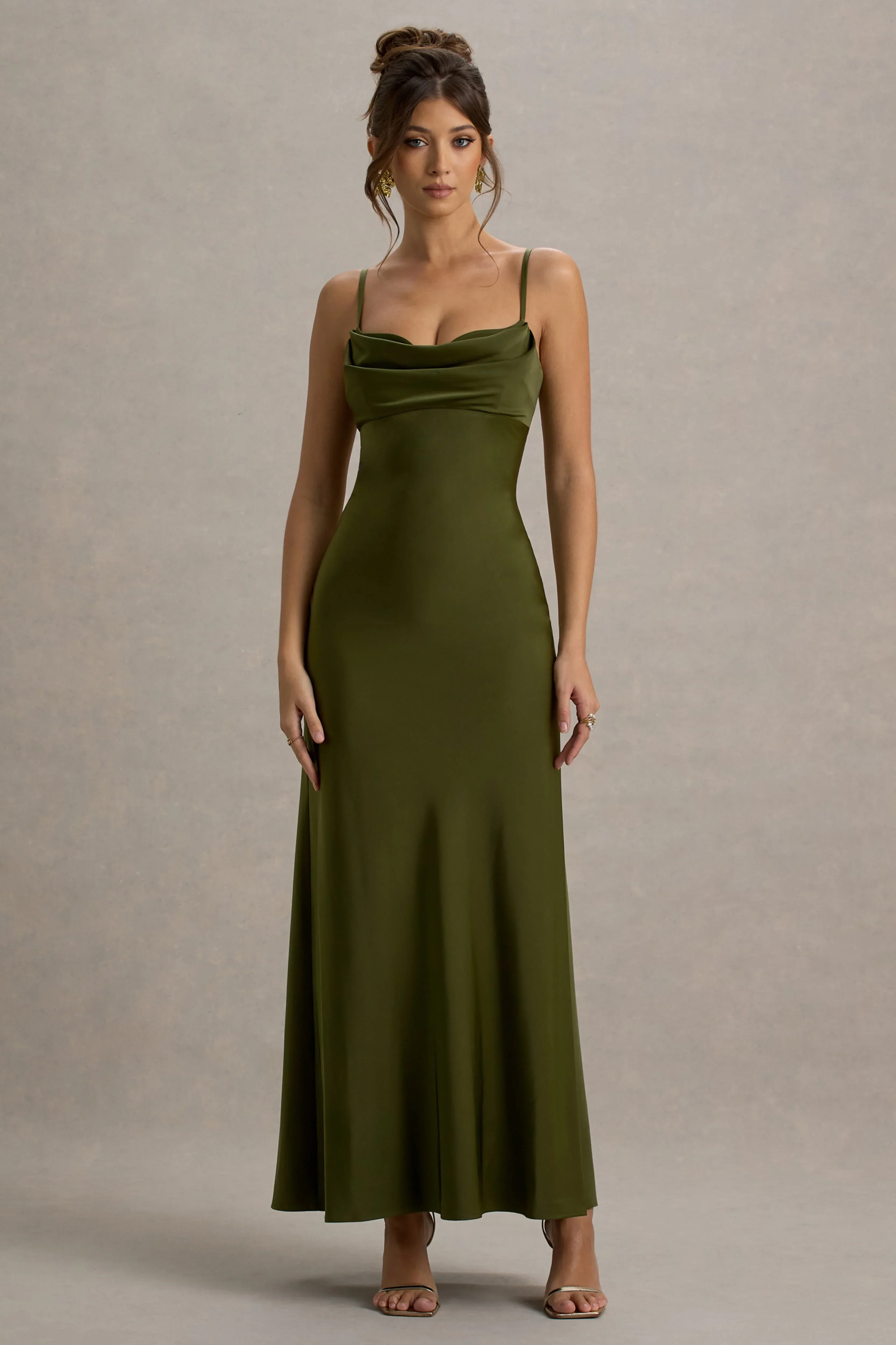 Eimear | Olive Green Satin Draped Sweetheart Maxi Dress