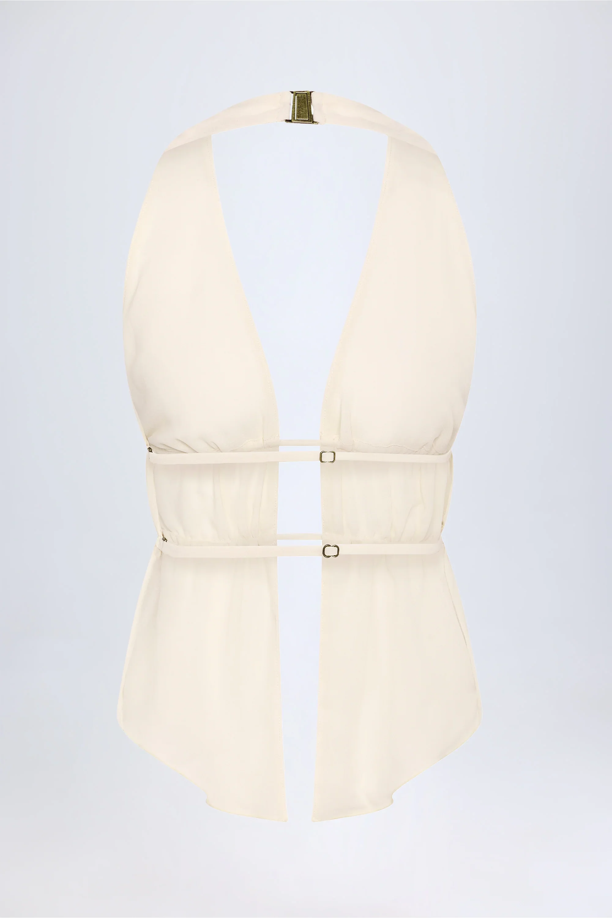 Cut-Out Semi-Sheer Ruched Halterneck Crop Top in Ivory