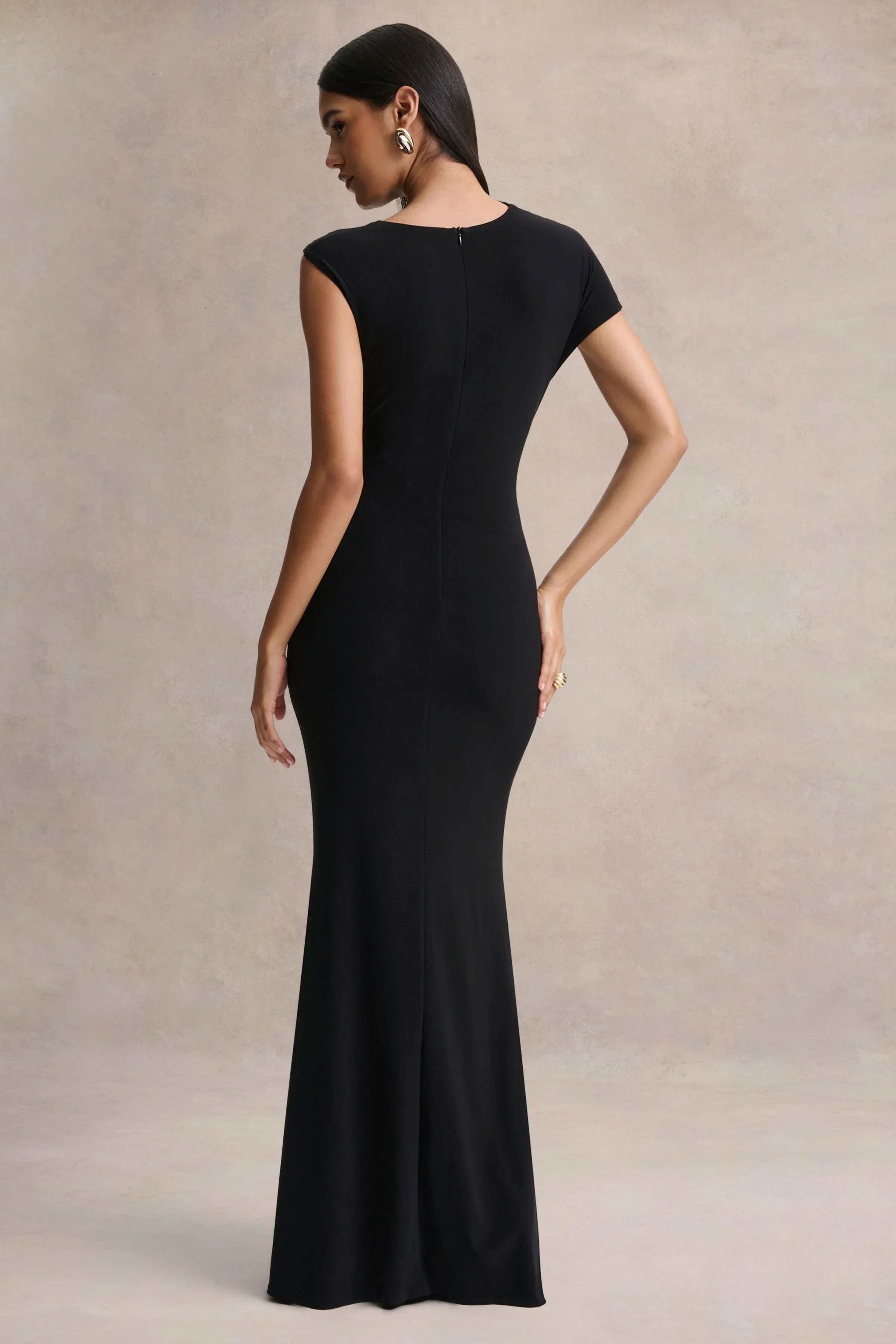 Blaire | Black Asymmetric-Neck Maxi Dress With Gold-Detailing