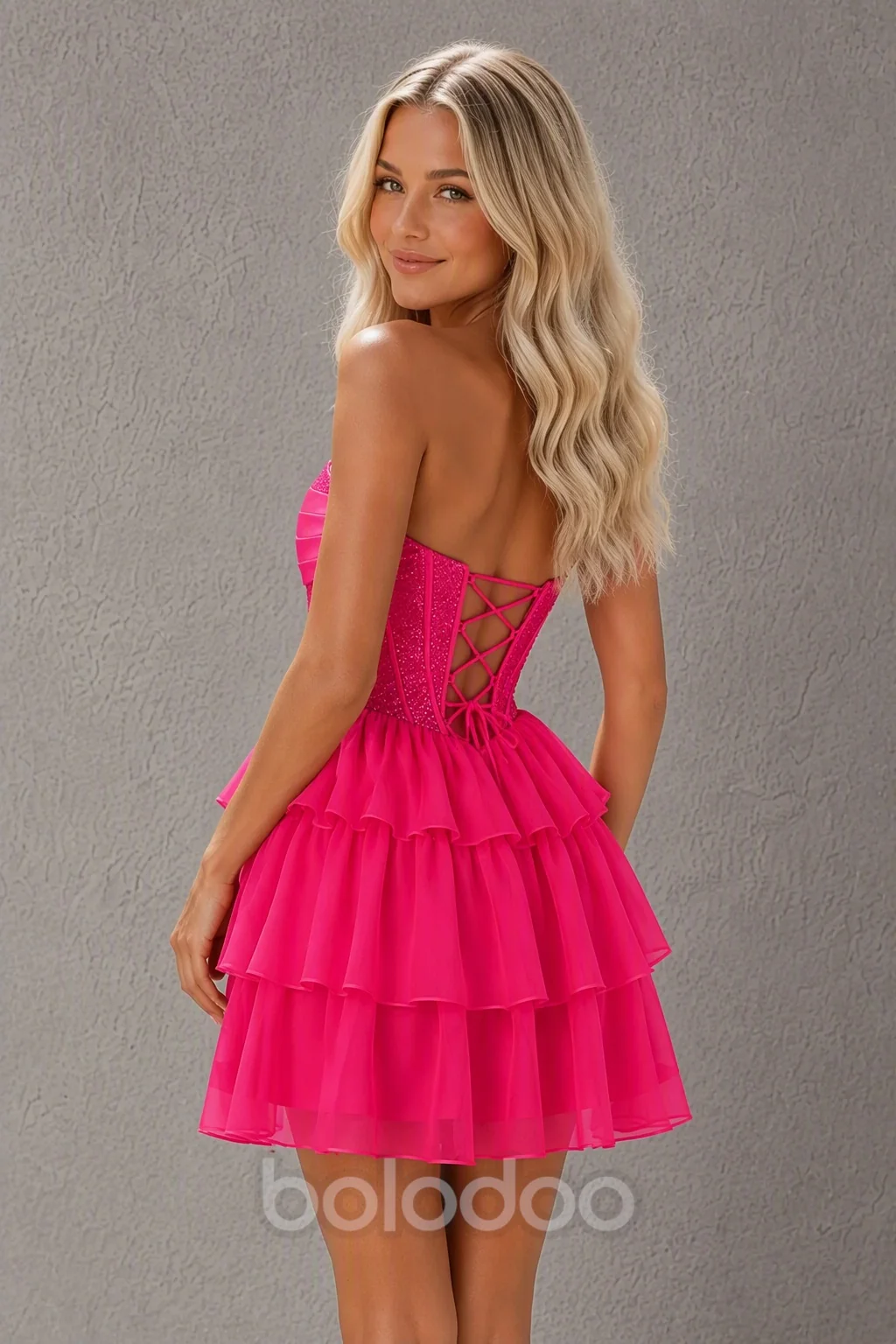 BOLODOO Hot Pink Strapless Lace Corset Tiered Ruffle Mini Dress