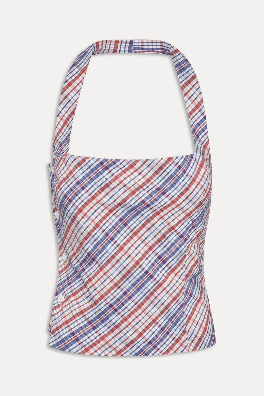 Sterling Cotton Wrap Halter Top - Americana Plaid