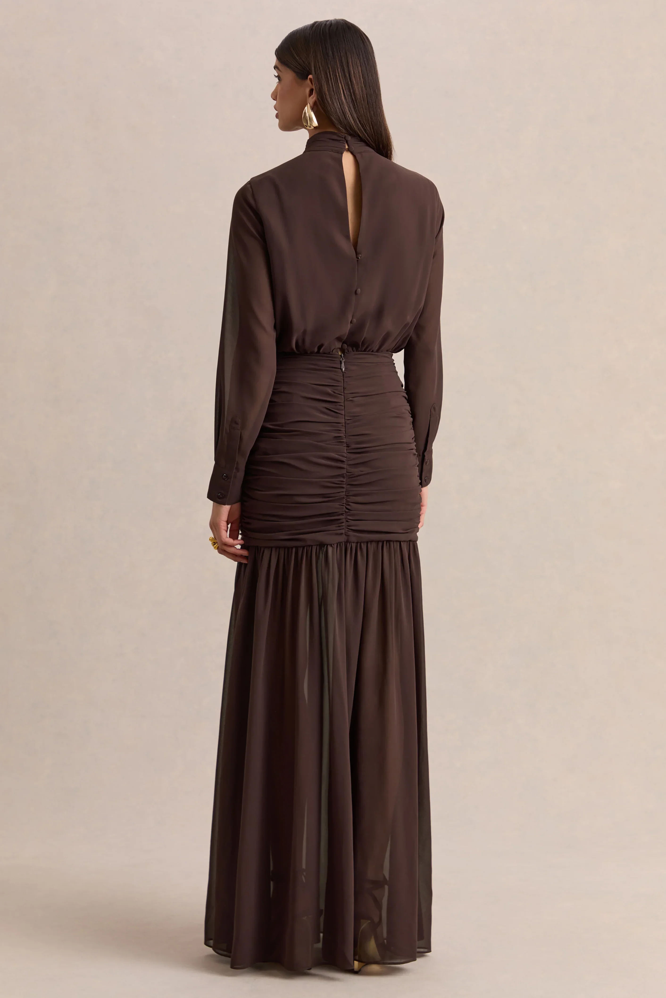 Zella | Brown High-Neck Maxi Dress With Sheer-Skirt