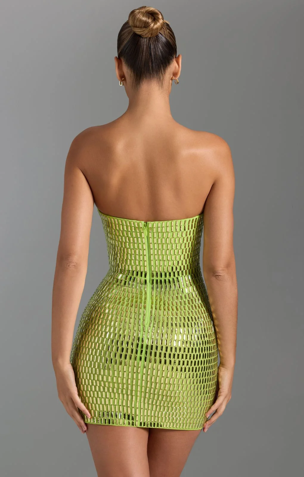 Oh Polly Aurora Embellished Bandeau Mini Dress in Pear Green