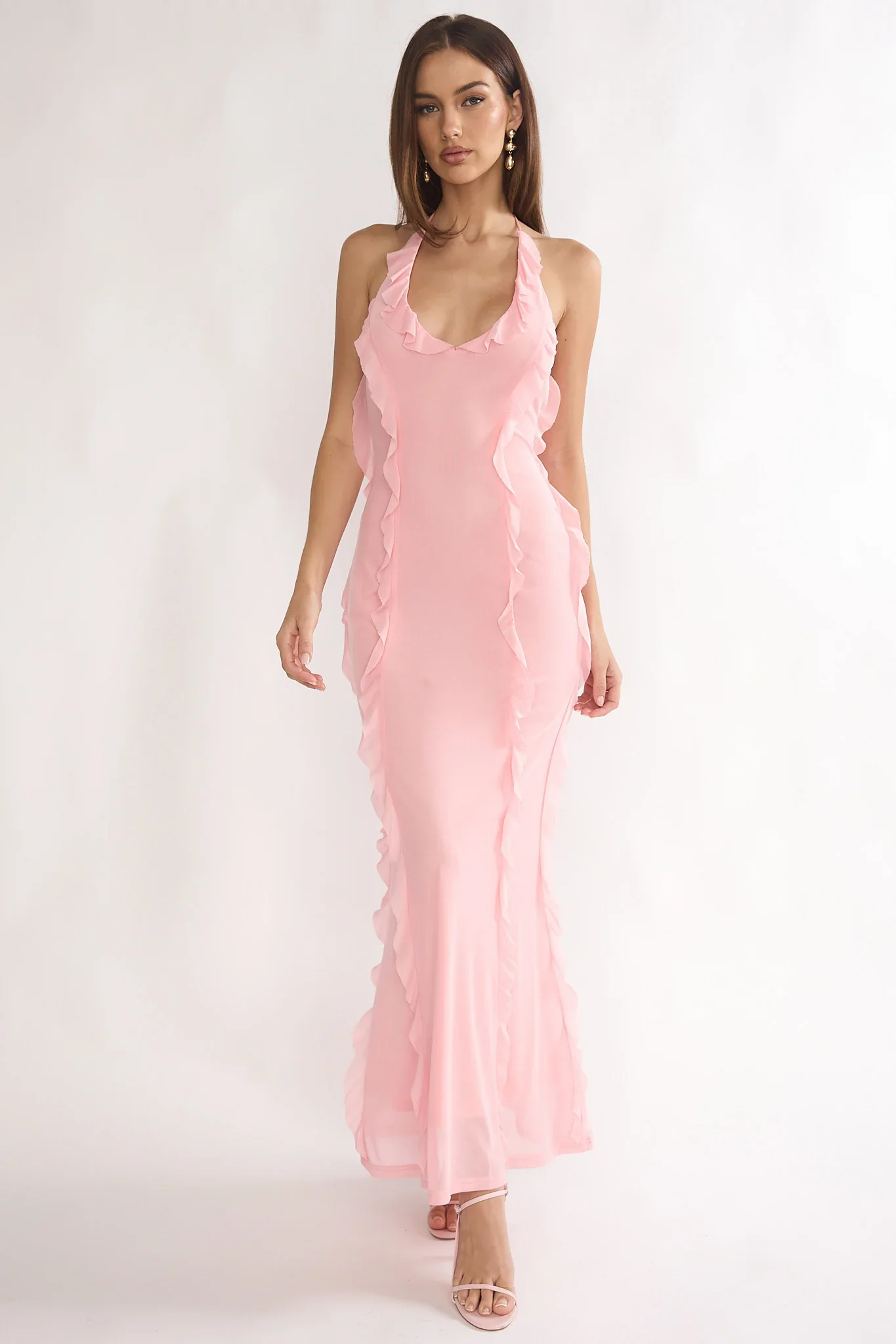 Collins Halter Ruffle Trim Maxi Dress Pink
