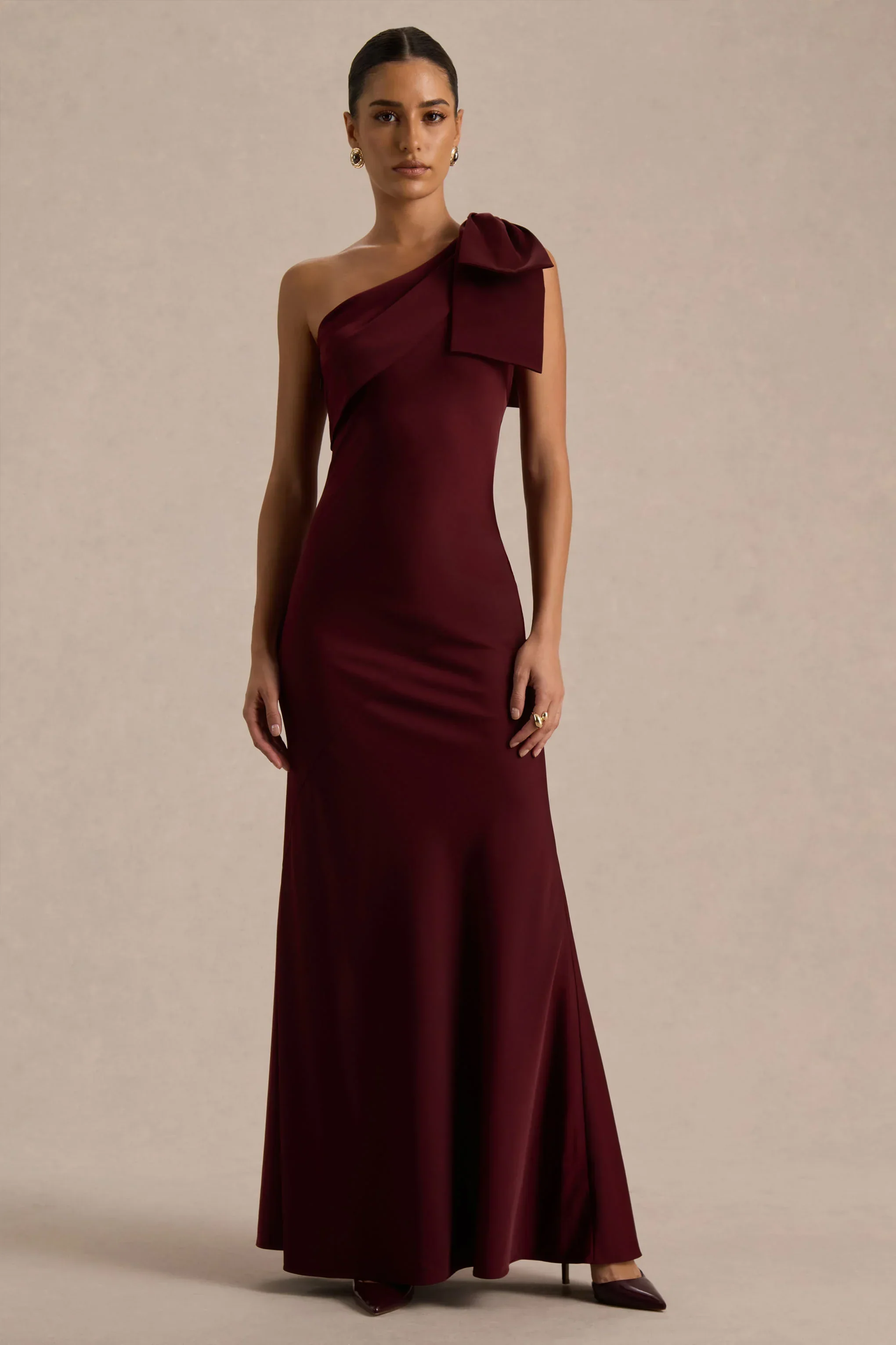 Josephine | Burgundy Satin Asymmetric-Neck Maxi Dress With Bow Detail
