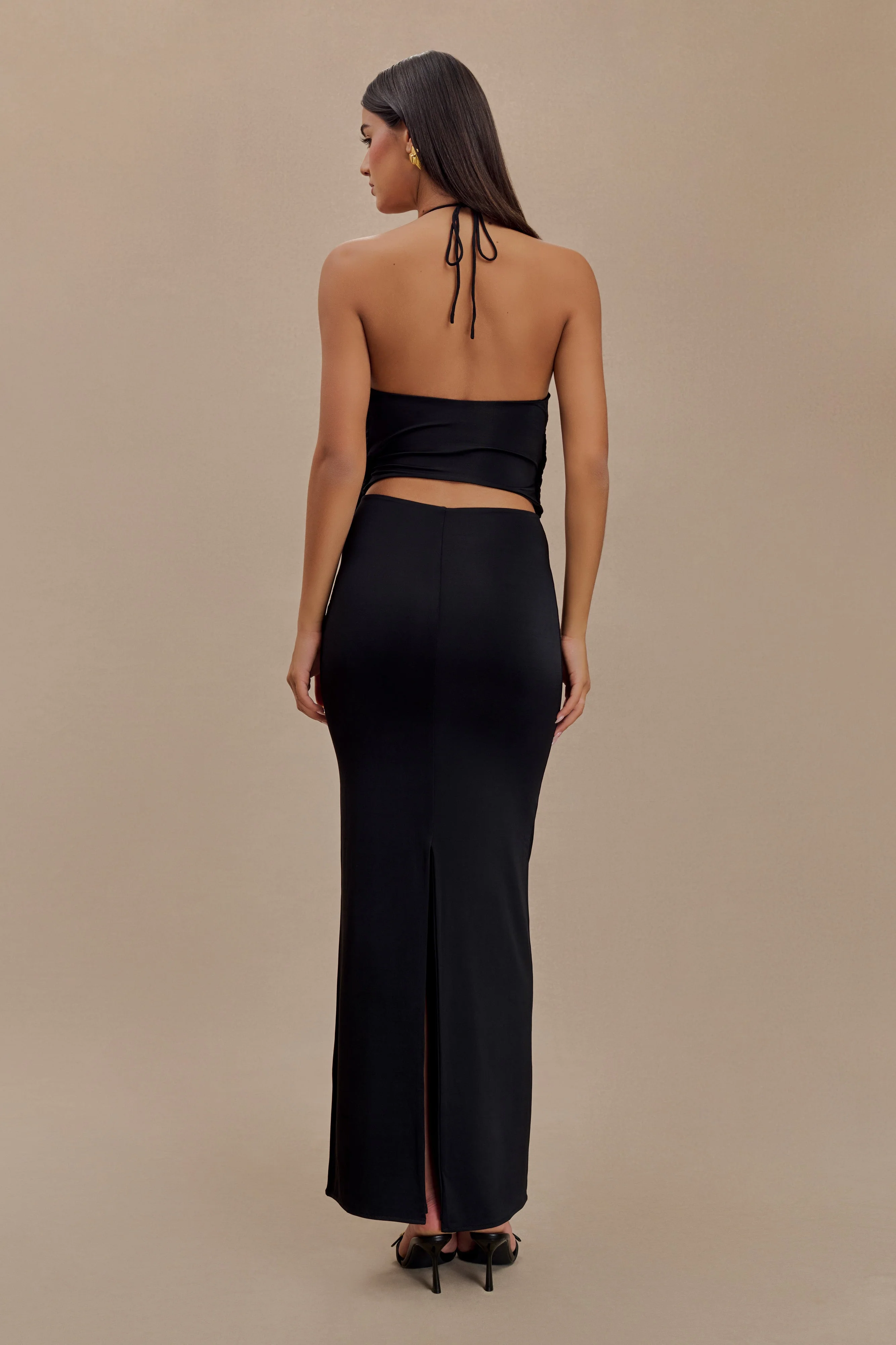 Tyla Draped Slinky Halter Maxi Dress - Black