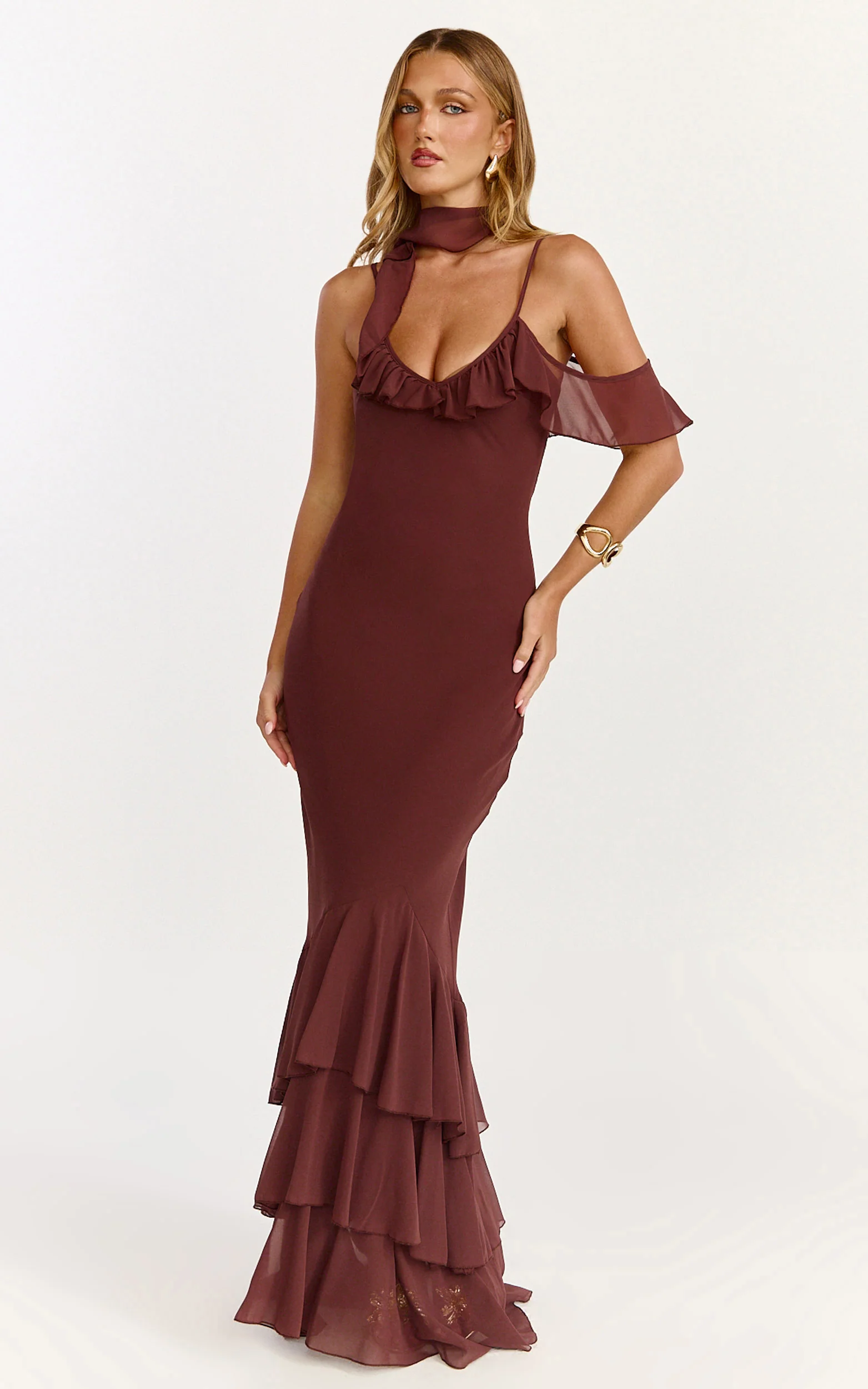 Riley Maxi Dress - Asymmetric Ruffle Detail Maxi Dress in Chocolate