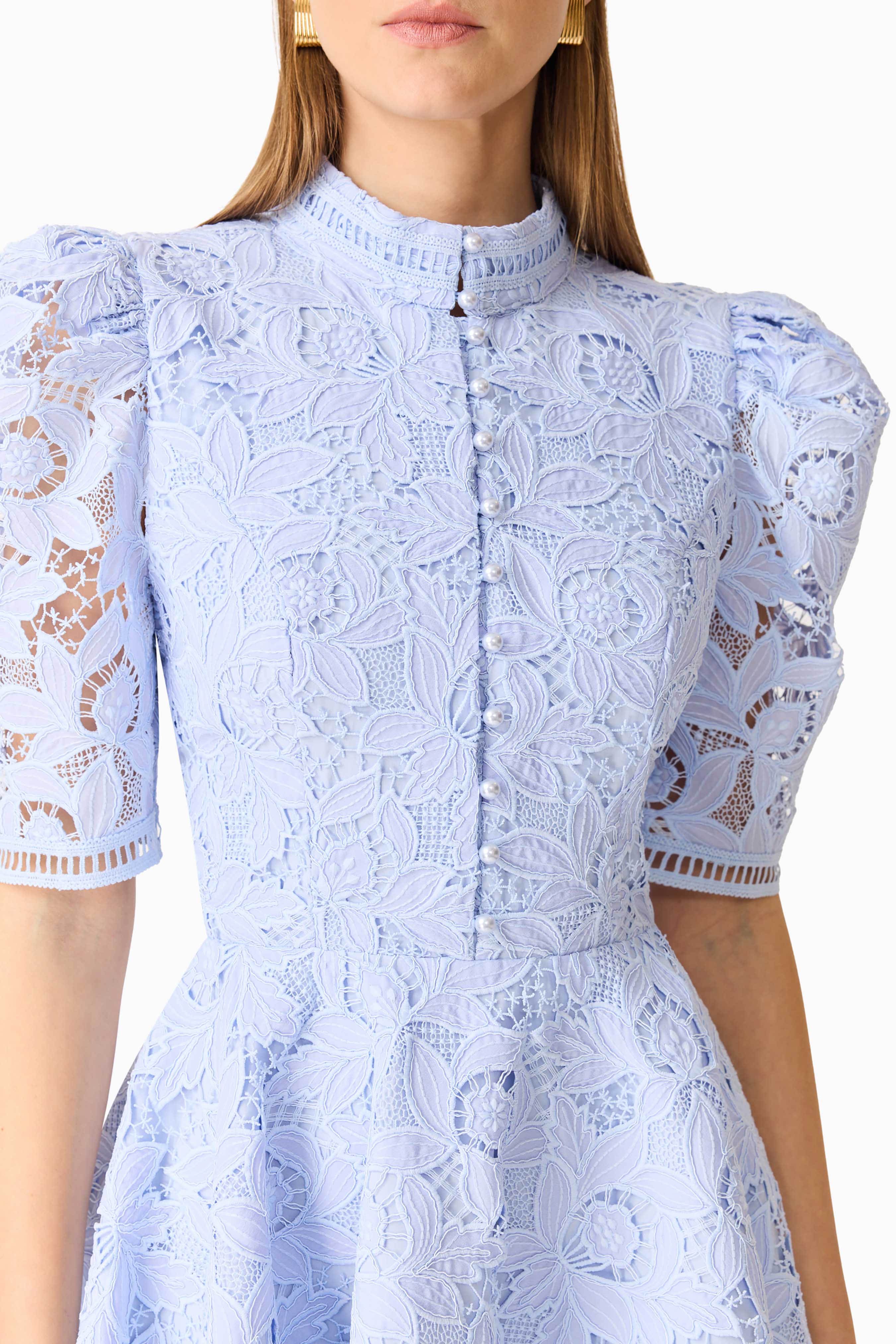 Lacy Puff Sleeve Mini Dress in Powder Blue