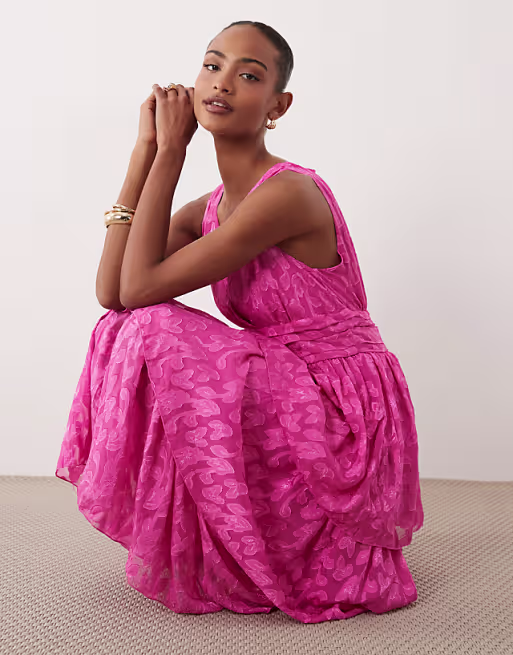 VILA tiered v neck jacquard maxi dress in pink