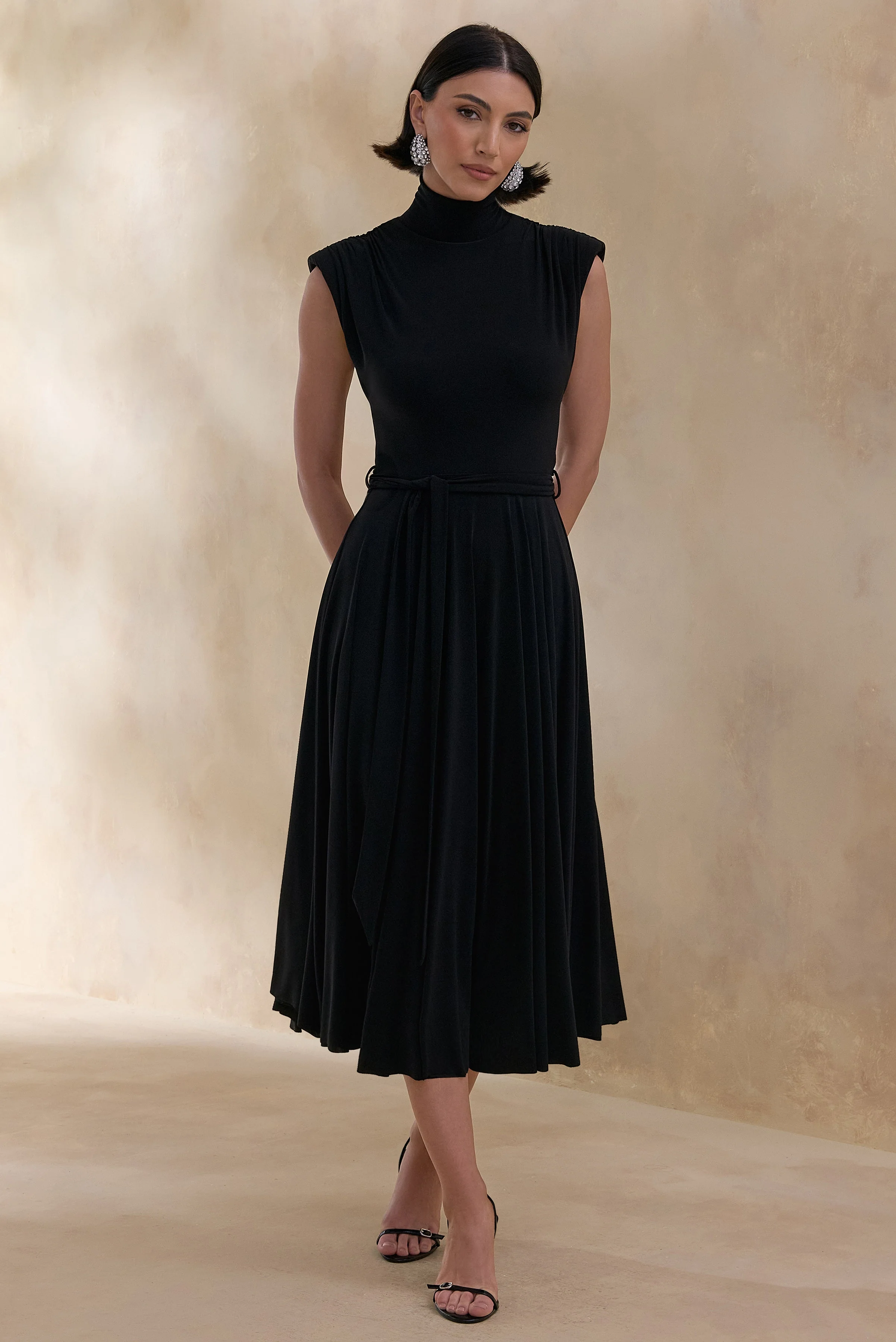 Roselena | Black High-Neck Midi Dress