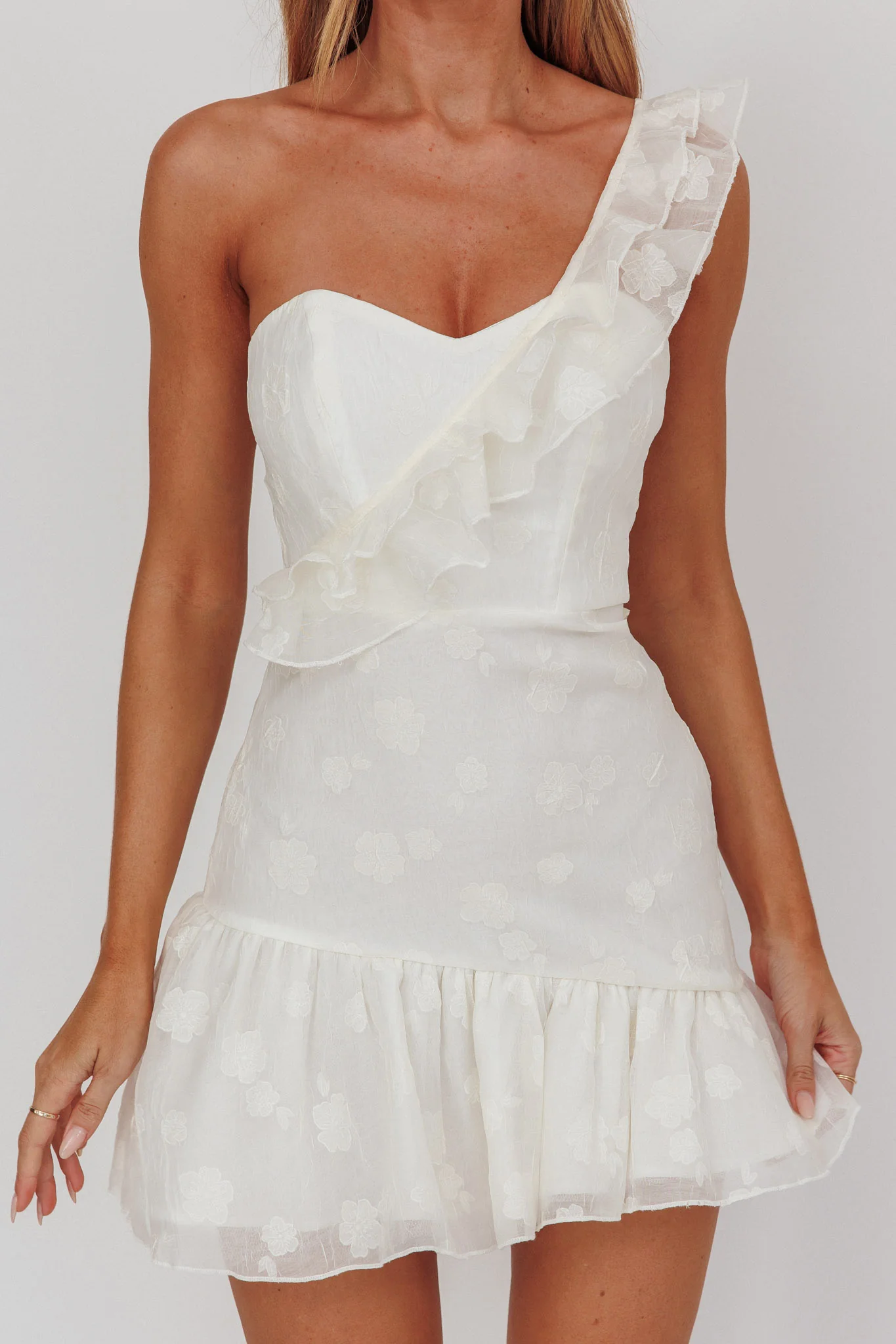 Minka One-Shoulder Ruffle Mini Dress Off White - luluinthesky