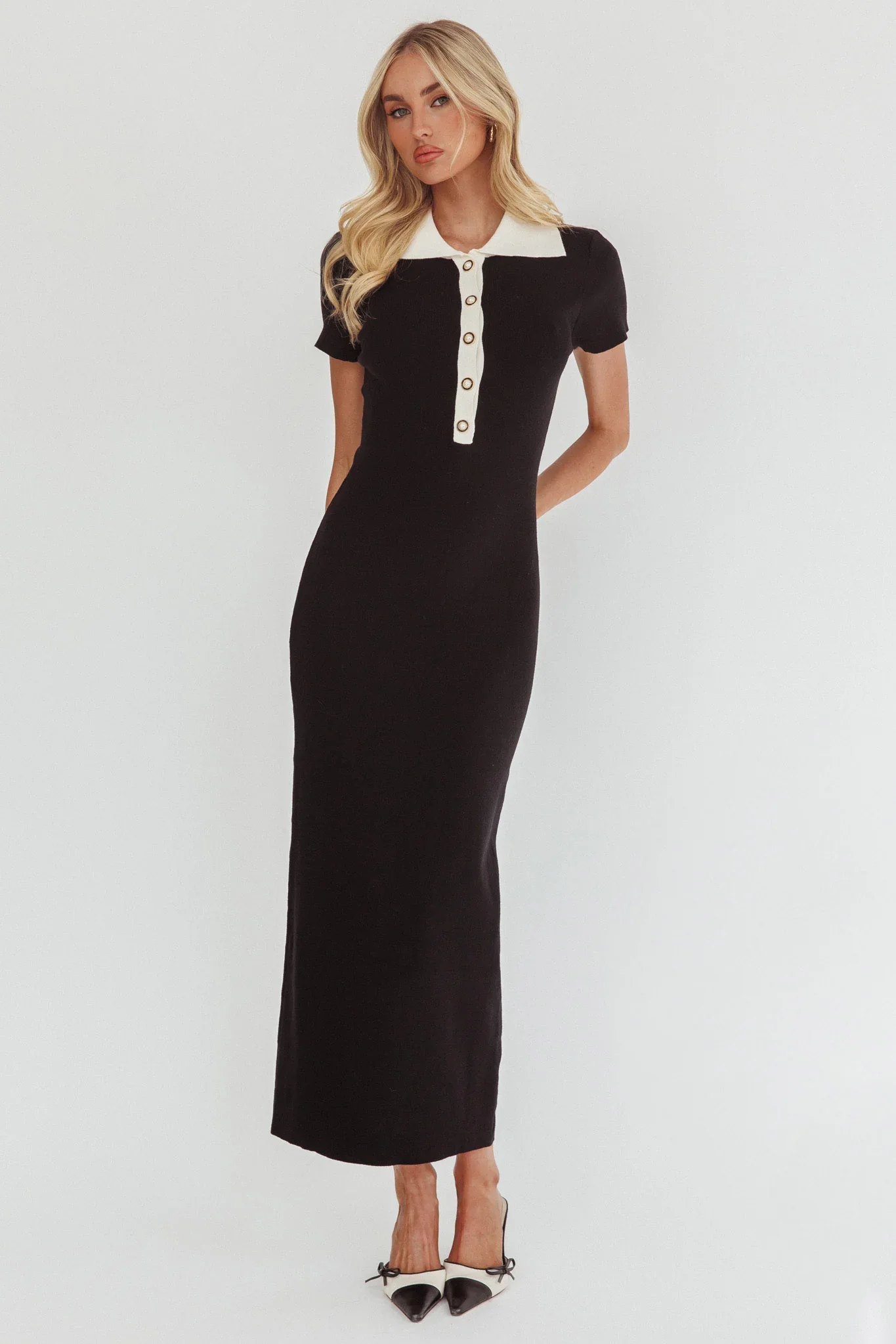 Jessa Mae Button Neckline Knit Maxi Dress Black