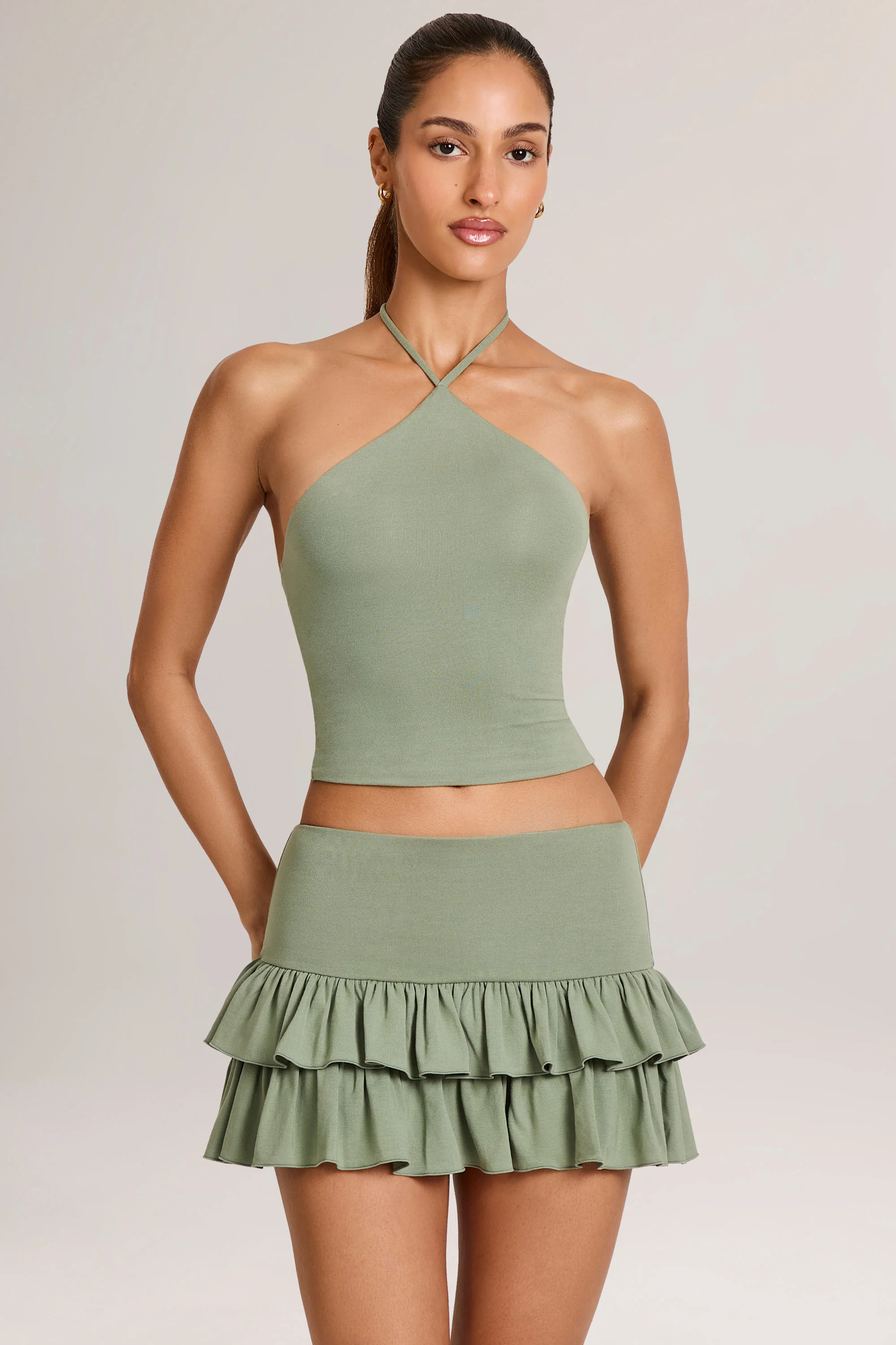 Modal Ruffle Mid-Rise Mini Skort in Sage Green