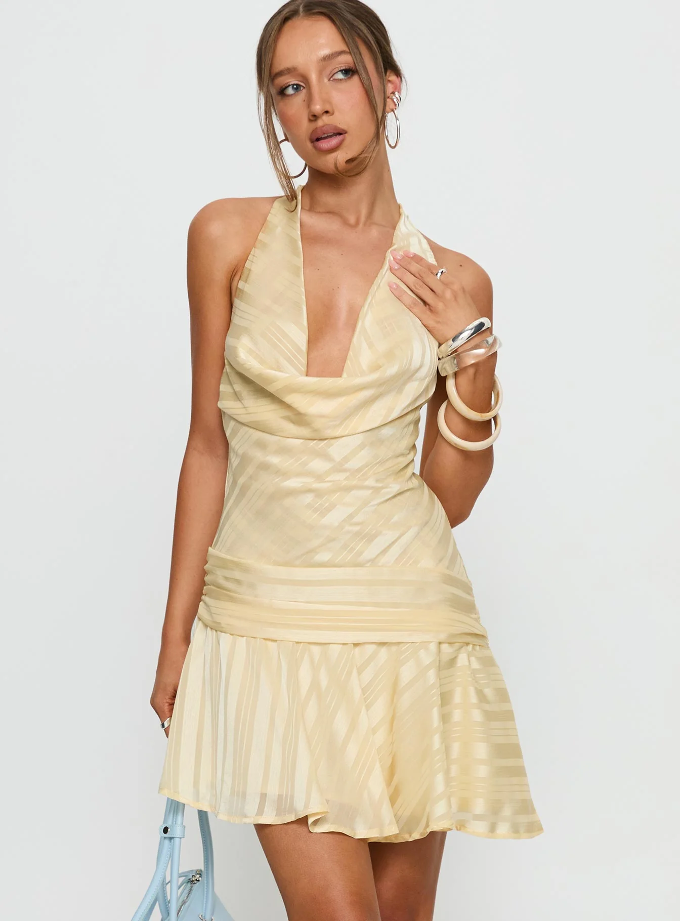 Starshooter Halter Plunge Mini Dress Lemon