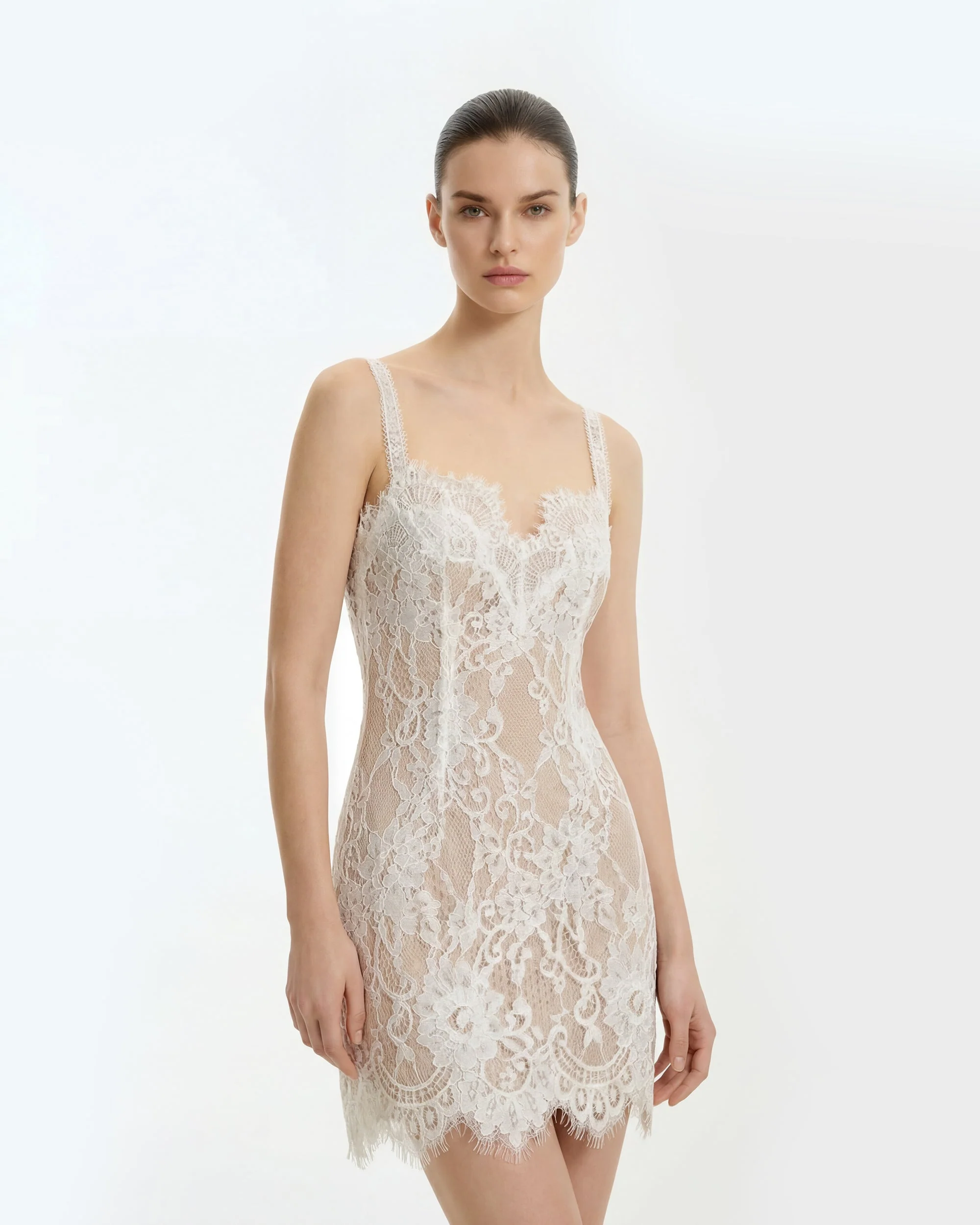 Eyelash Lace Bustier Bodycon Dress - White - FASHION NOB