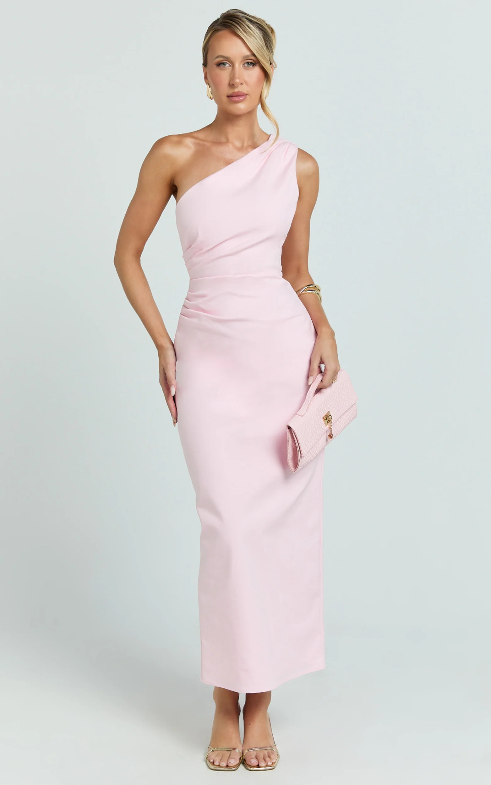 Karlie Midi Dress - One Shoulder Fitted Dress in Pink