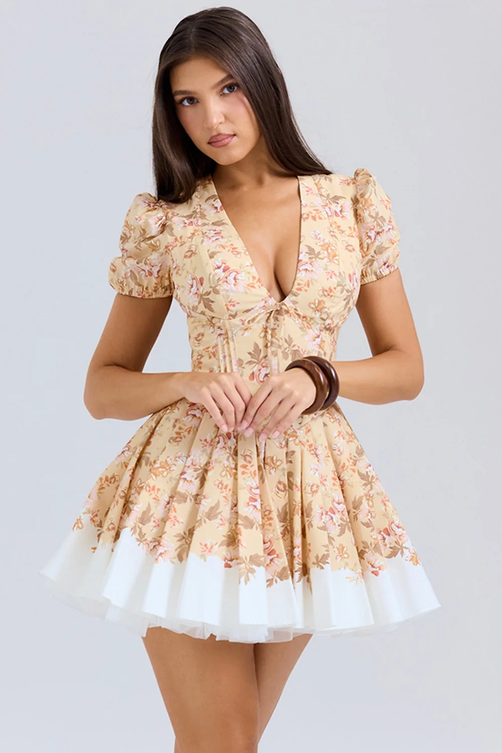 honeyflower print pleated cotton mini dress