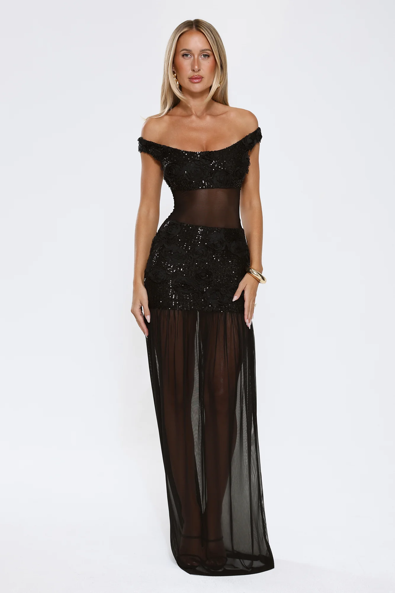 Radiance In The Dark Off Shoulder Sequin Maxi Dress Black