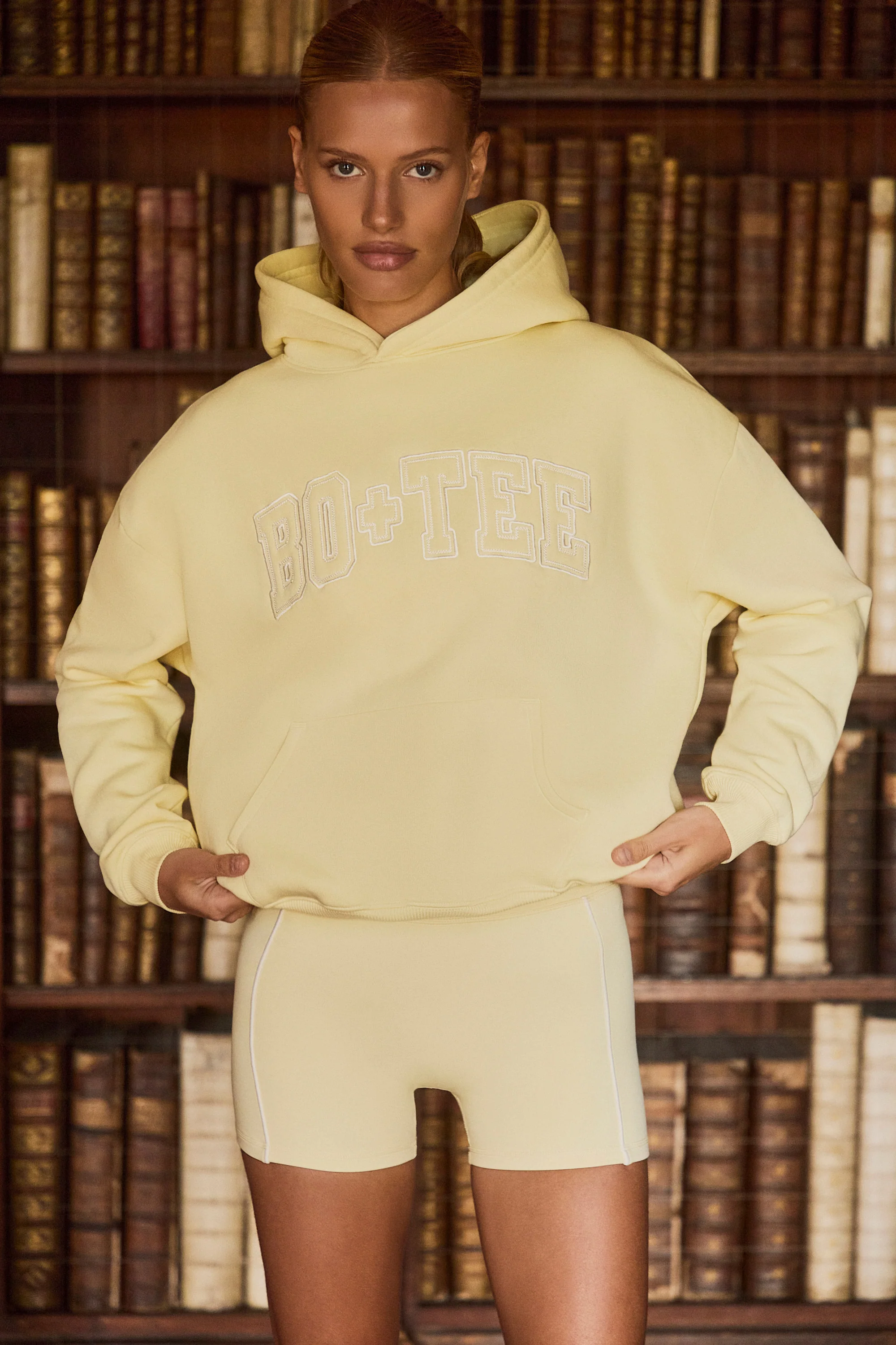 Embroidered Oversized Hoodie in Soft Yellow