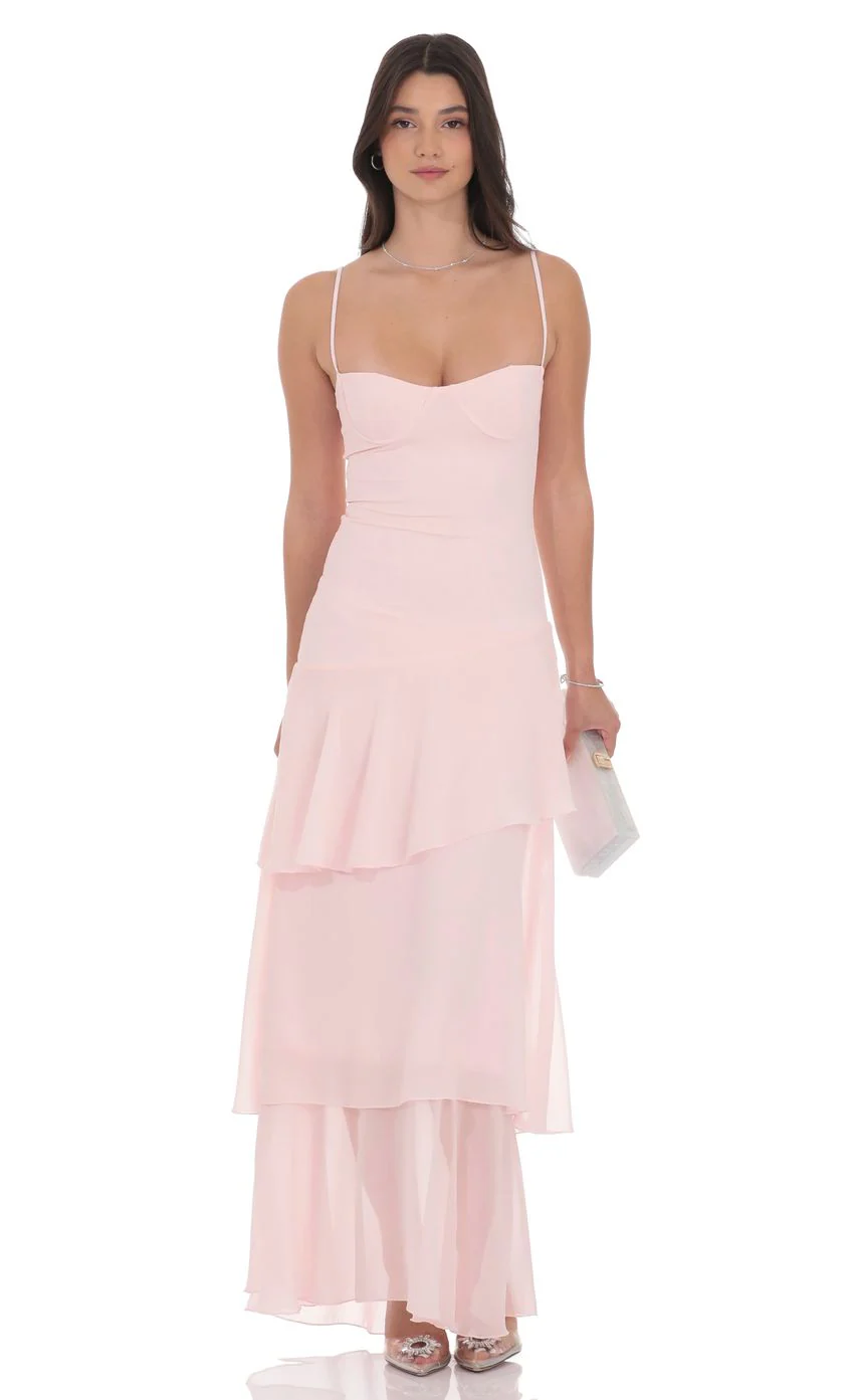 Long Ruffle Maxi Dress in Pastel Pink