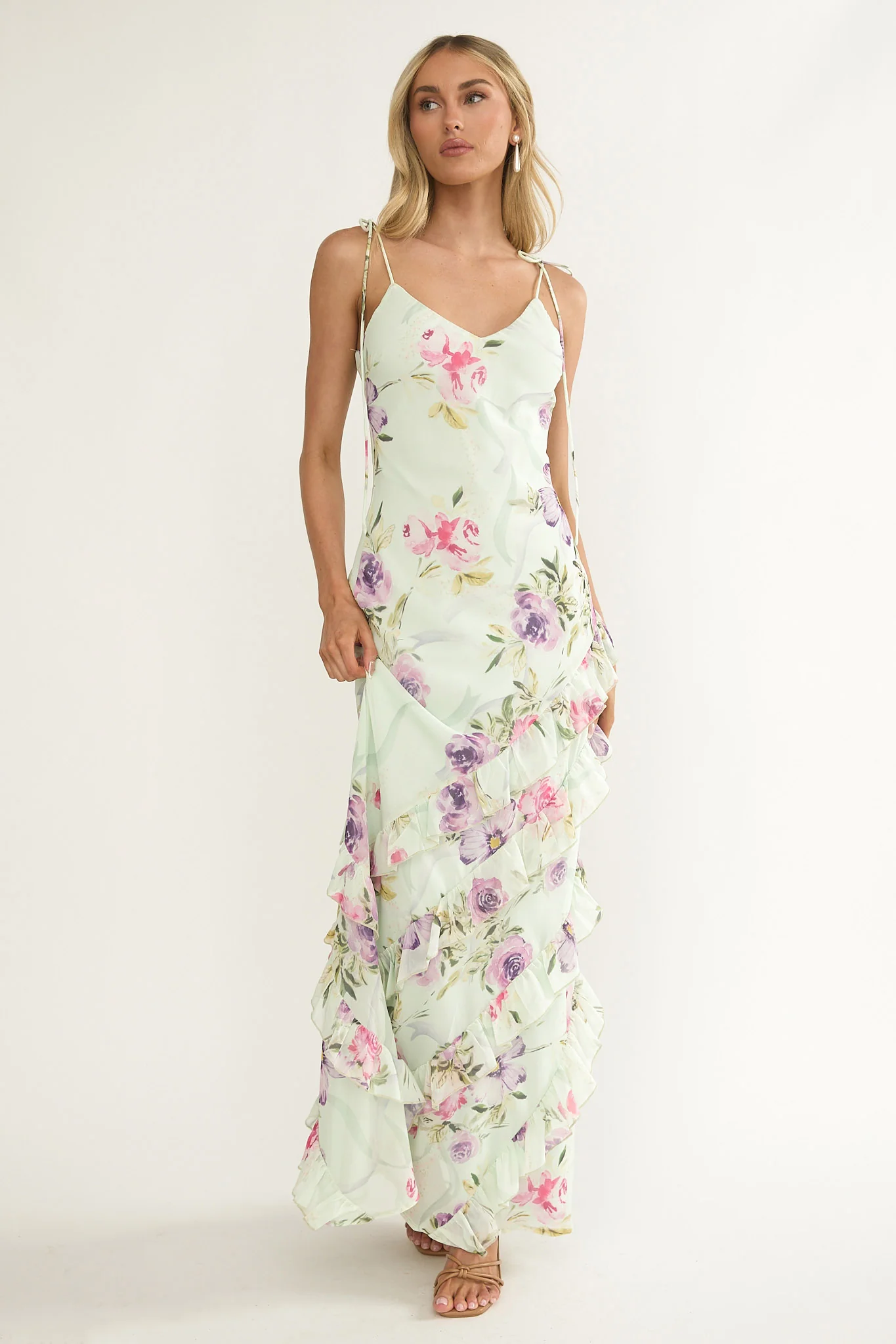 Dreamy Day Ruffle Trim Maxi Dress Mint Floral