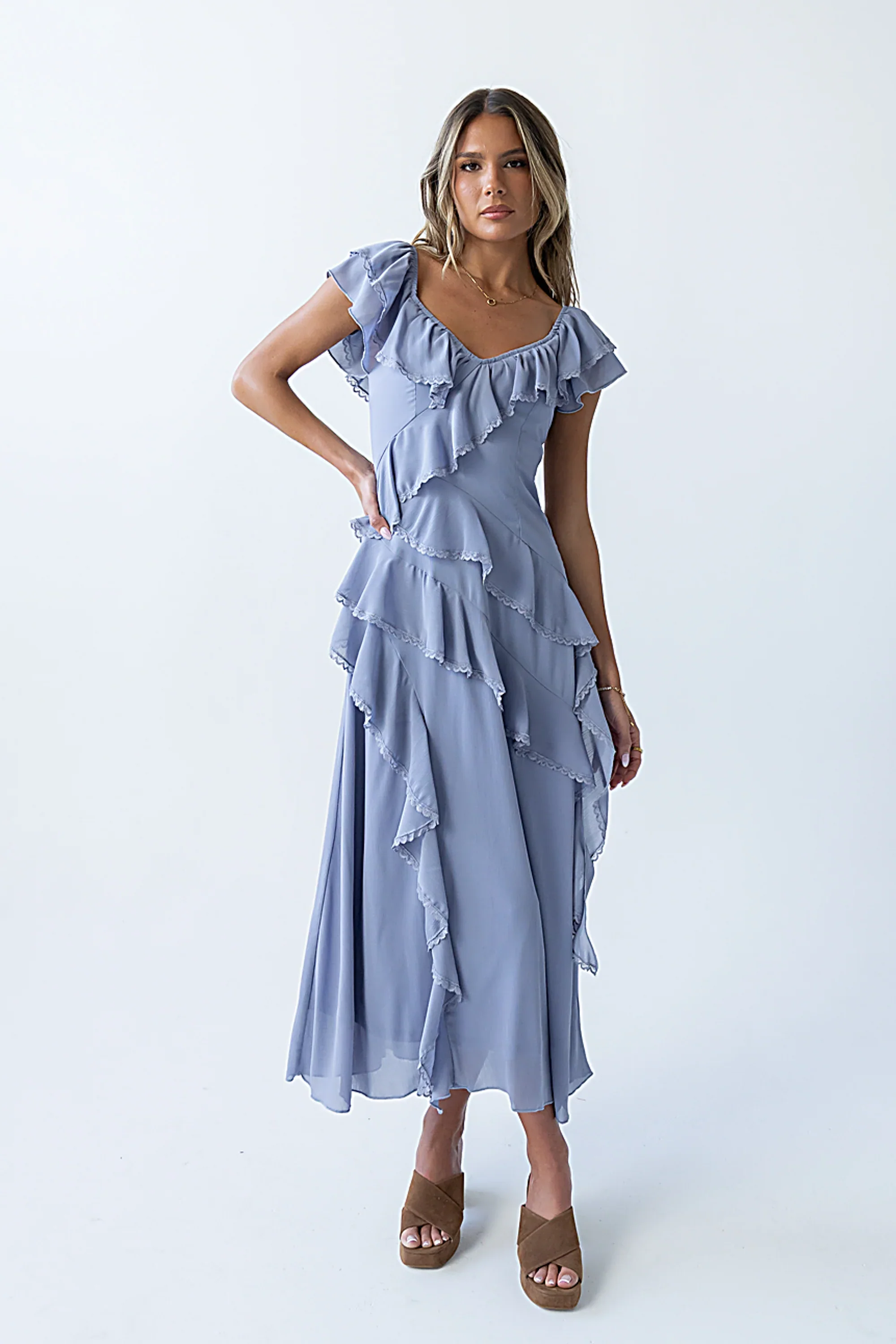 Quinton Ruffle Maxi Dress in Blue