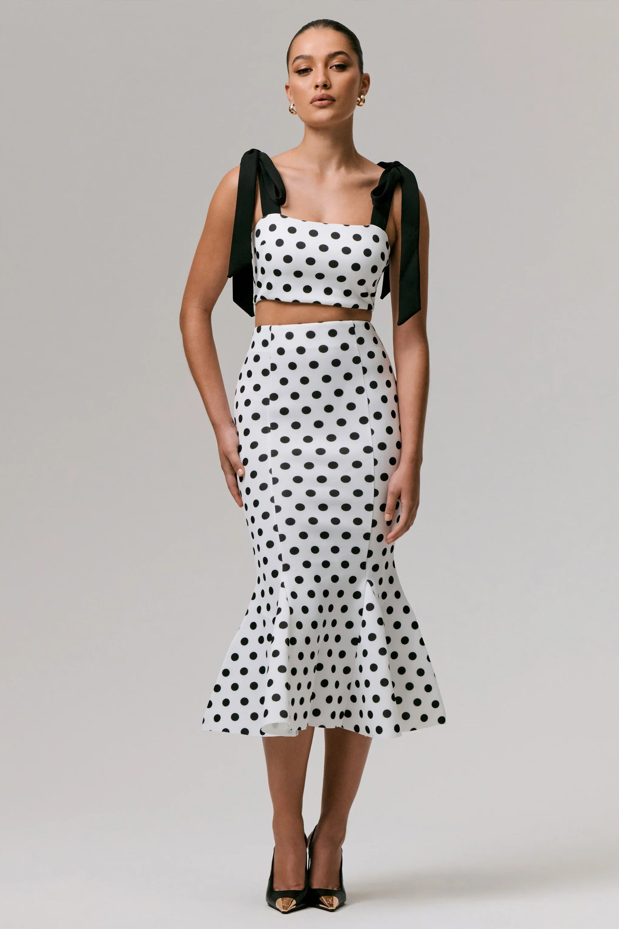 Amadea | Black & White Polka Dot Fishtail Midi Skirt