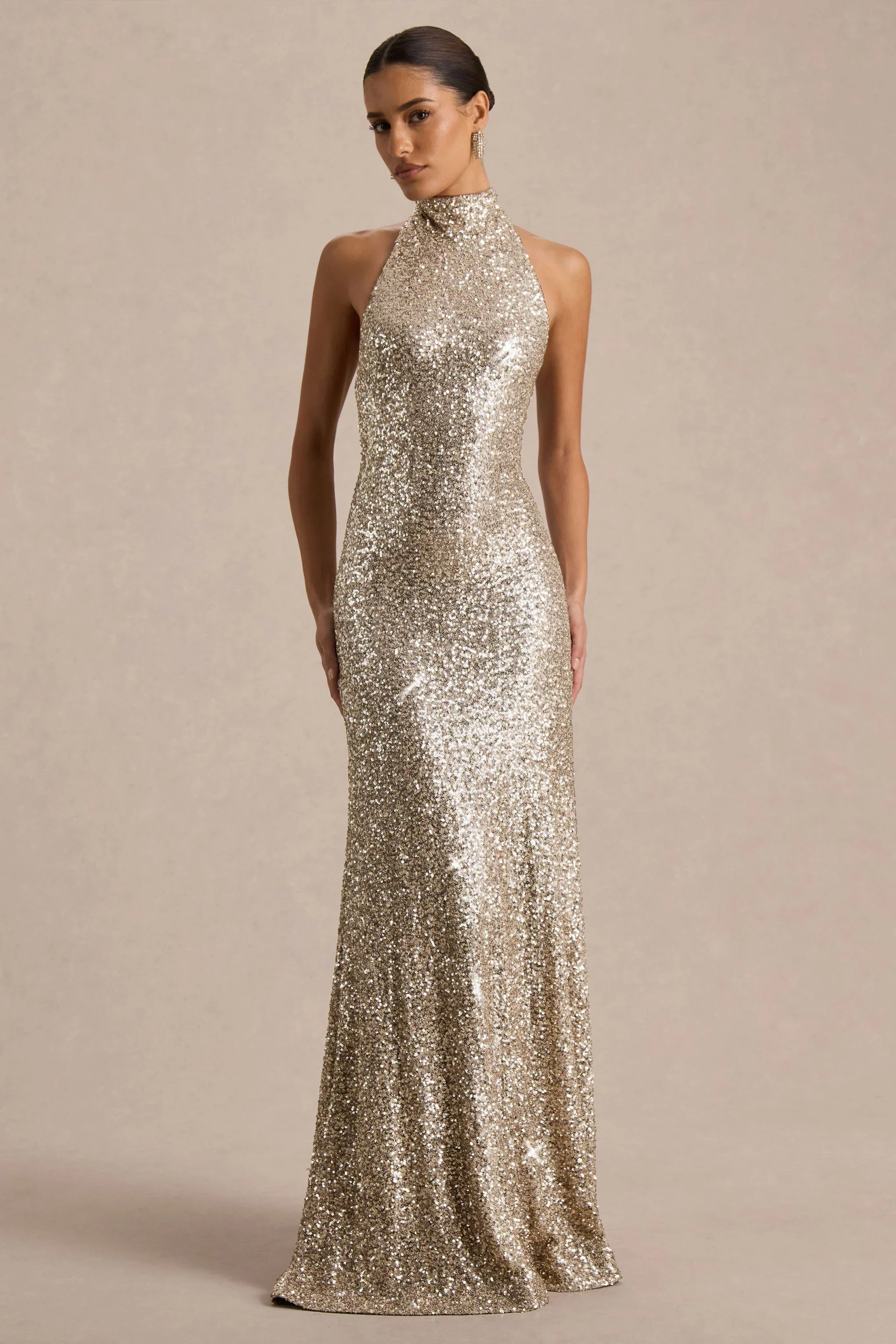 Tulia | Champagne Sequin High-Neck Maxi Dress