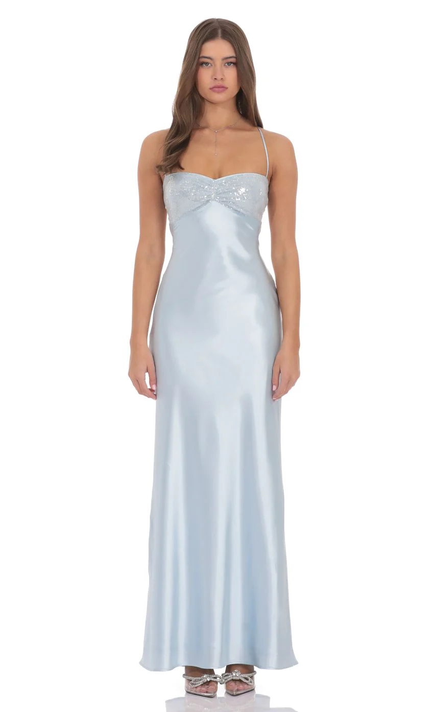Sequin Bust Satin Maxi Dress in Light Blue