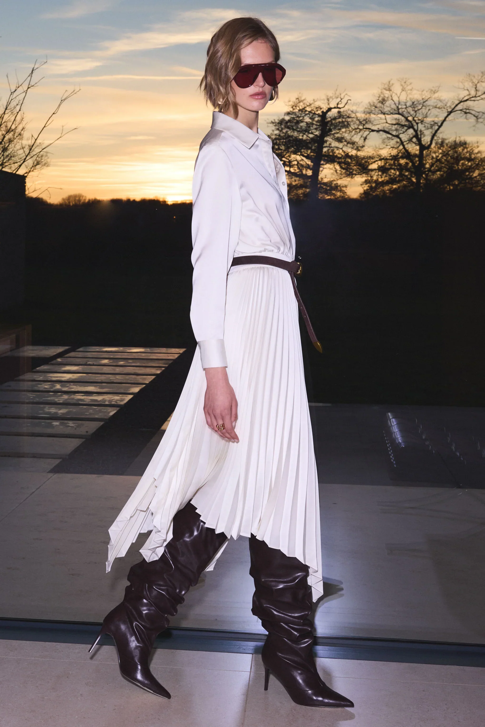 Naxos | Cream Satin Shirt Maxi Dress With Pleated Skirt