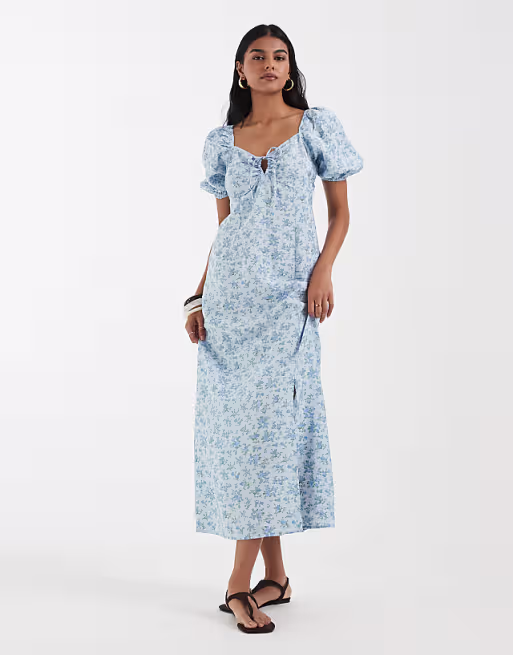 Vero Moda puff sleeve tie front detail maxi dress in blue floral print