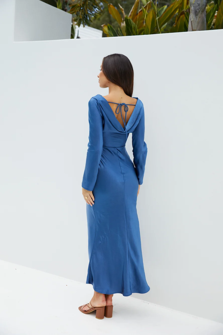 The Forget Me Not Satin Midi Dress Navy