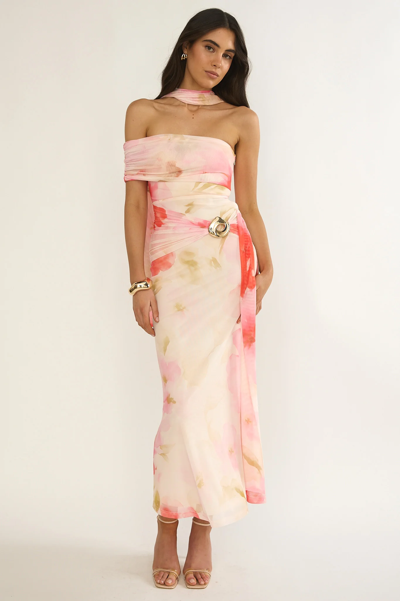 Carrisa One-Sleeve Maxi Dress Floral Pink