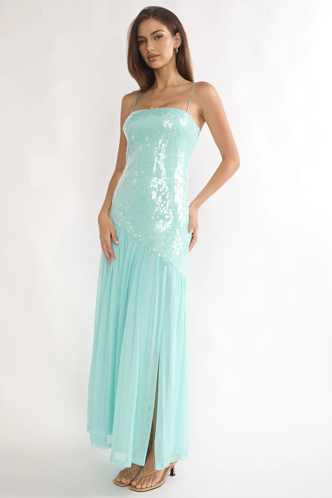 Azure Sun Drop Waist Split Maxi Dress Sequin Aqua - luluinthesky
