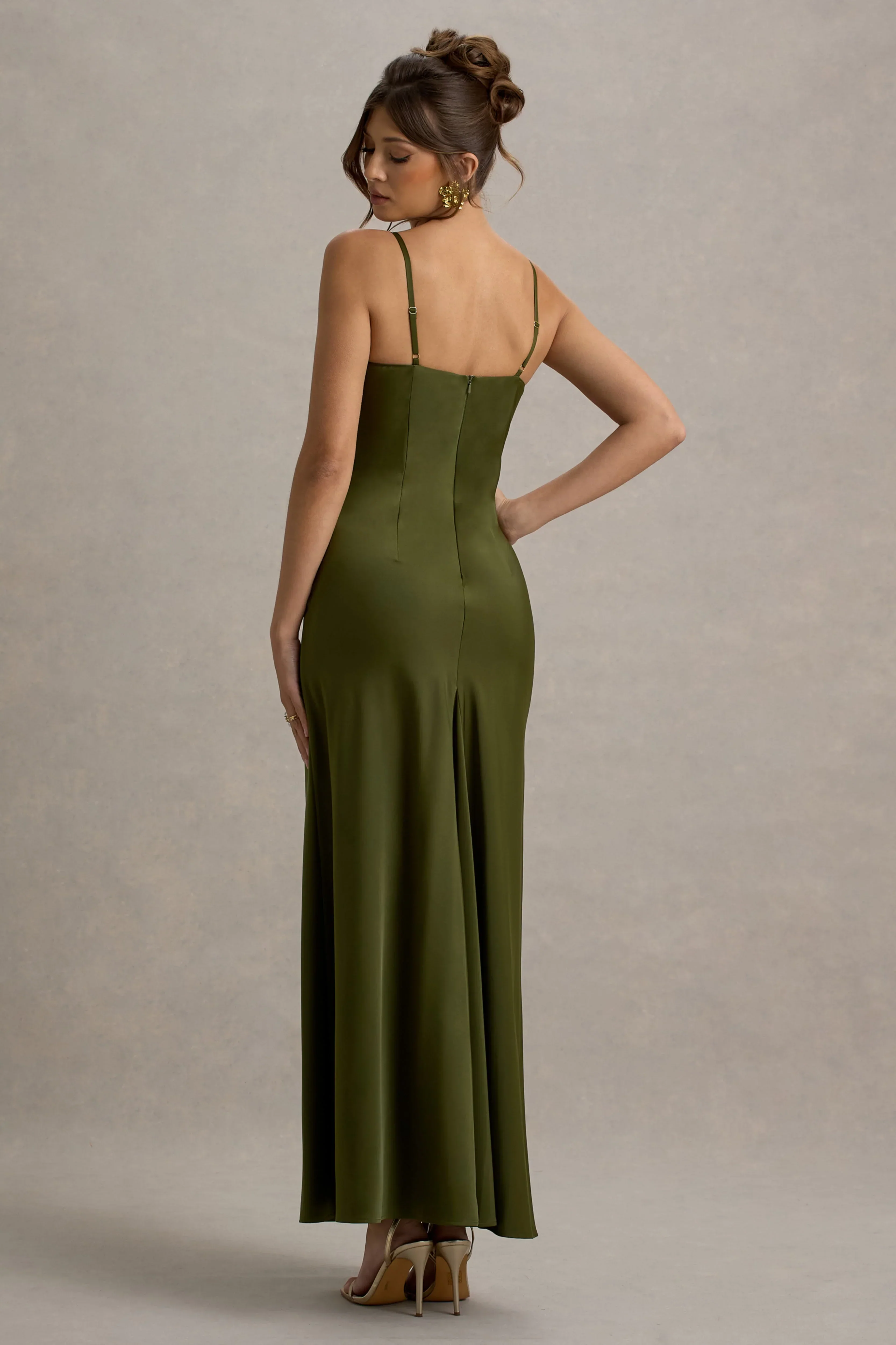 Eimear | Olive Green Satin Draped Sweetheart Maxi Dress