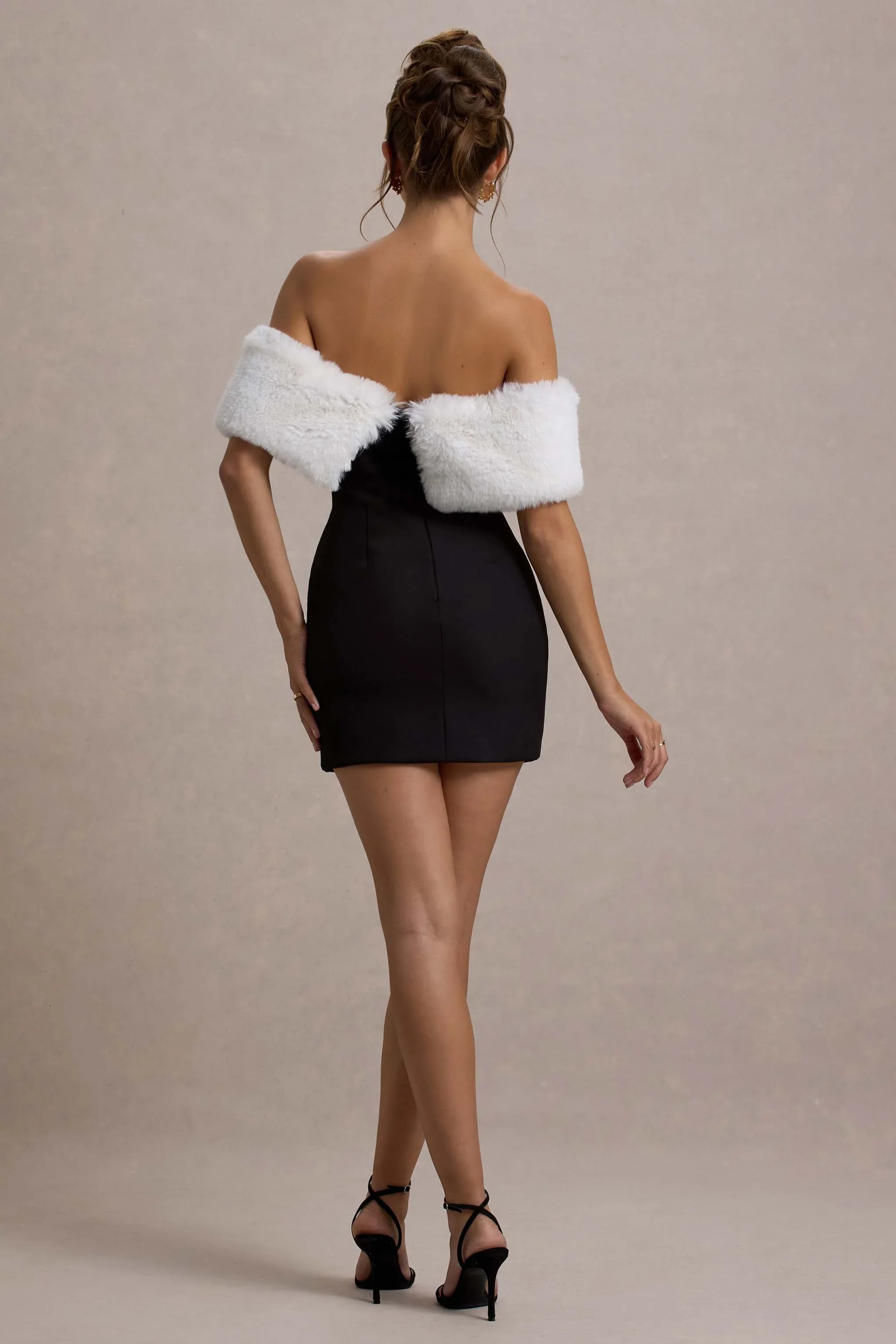 Little Luxe | Black Bardot Mini Dress With White Fur Trim