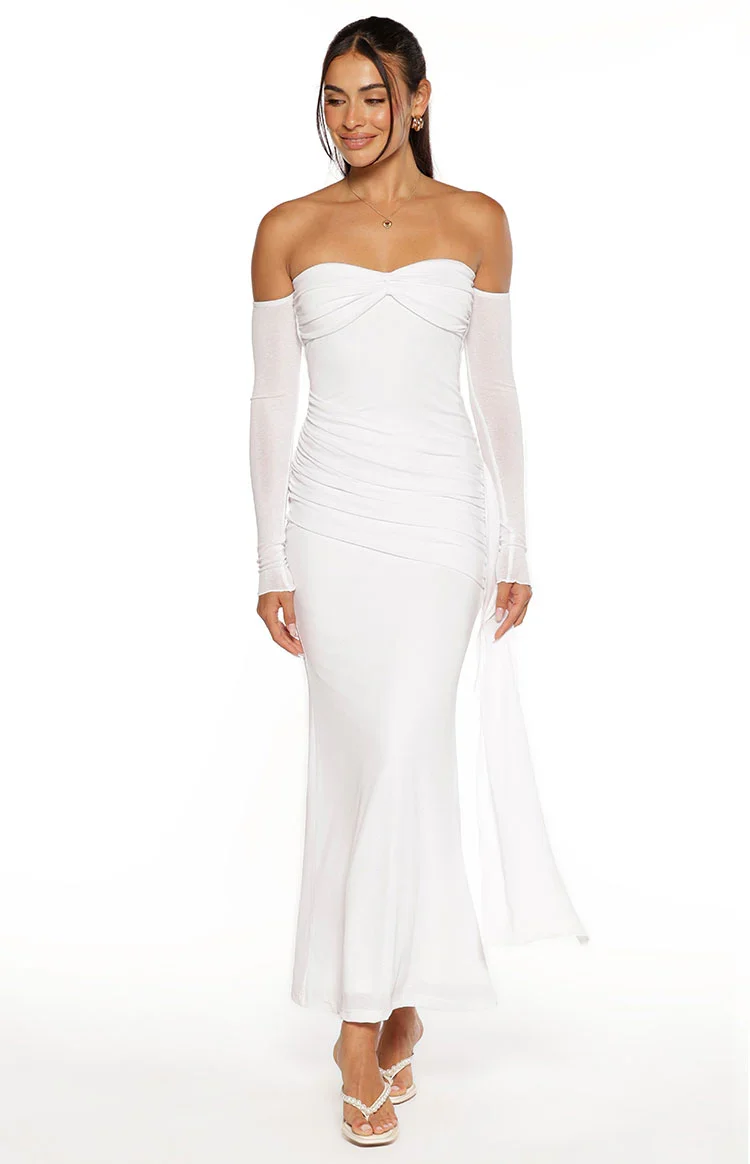 Breanna White Long Sleeve Ruched Maxi Dress