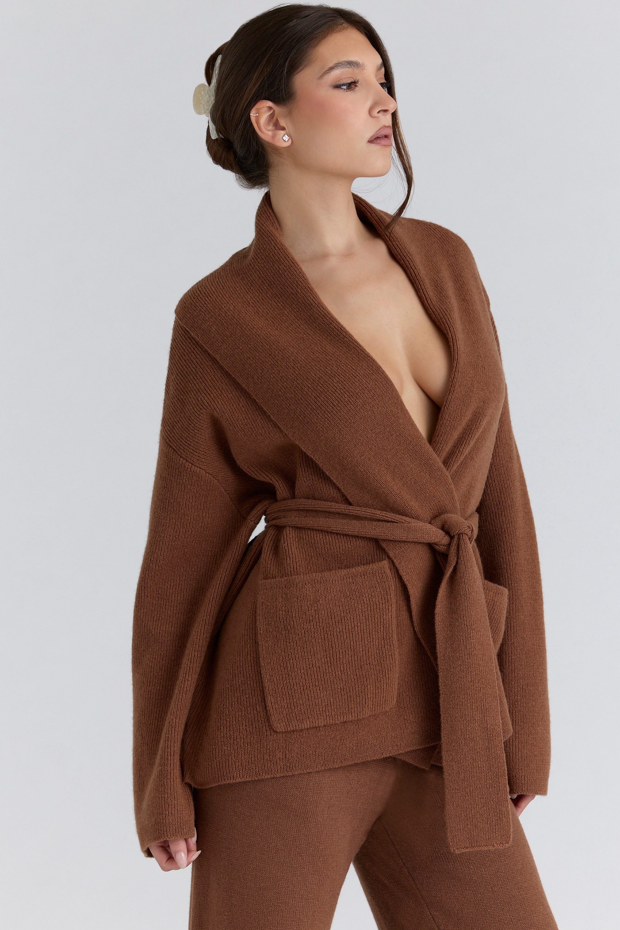 Tan Pure Wool Draped Front Cardigan