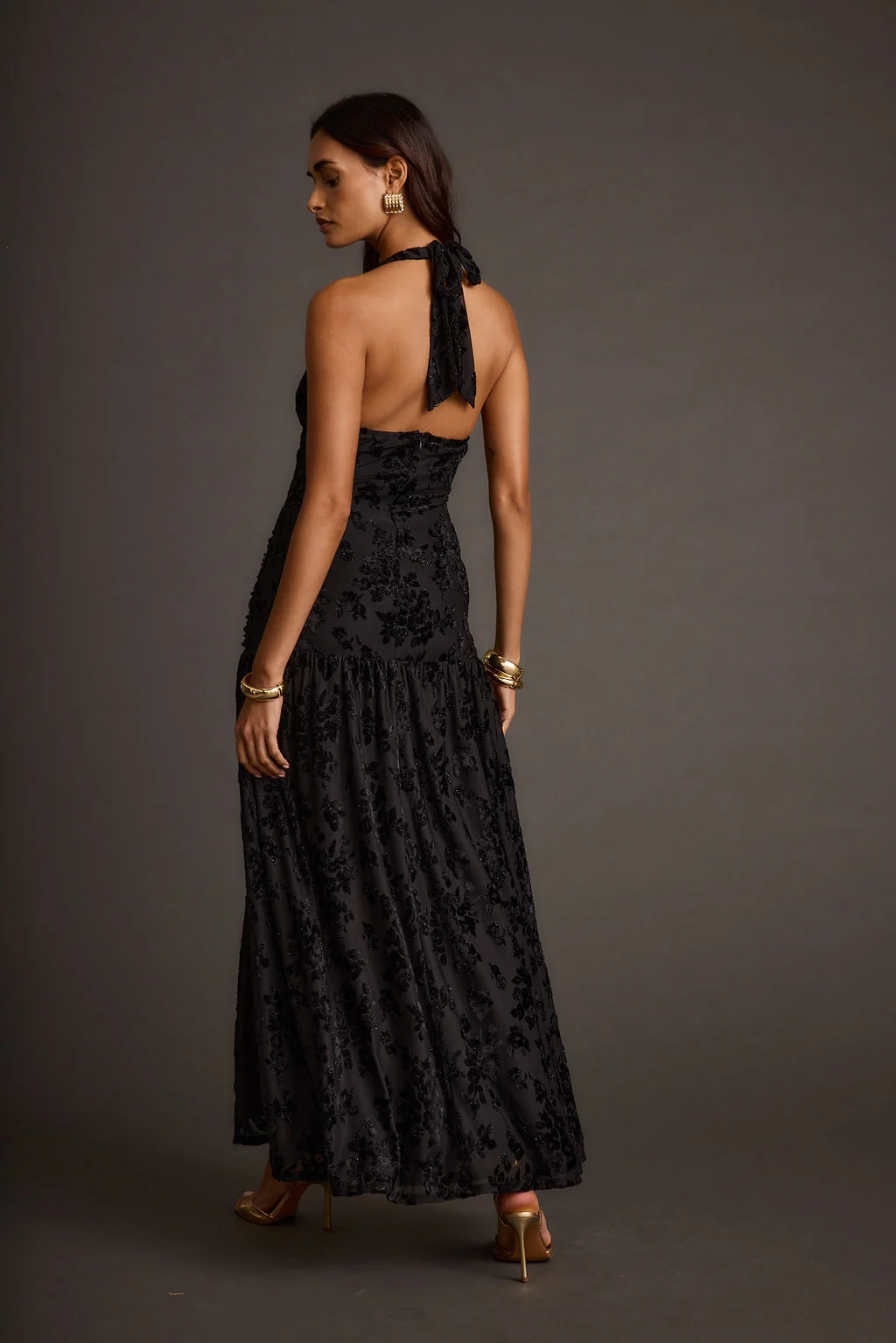 Hollow Black Burnout Halter Maxi Dress