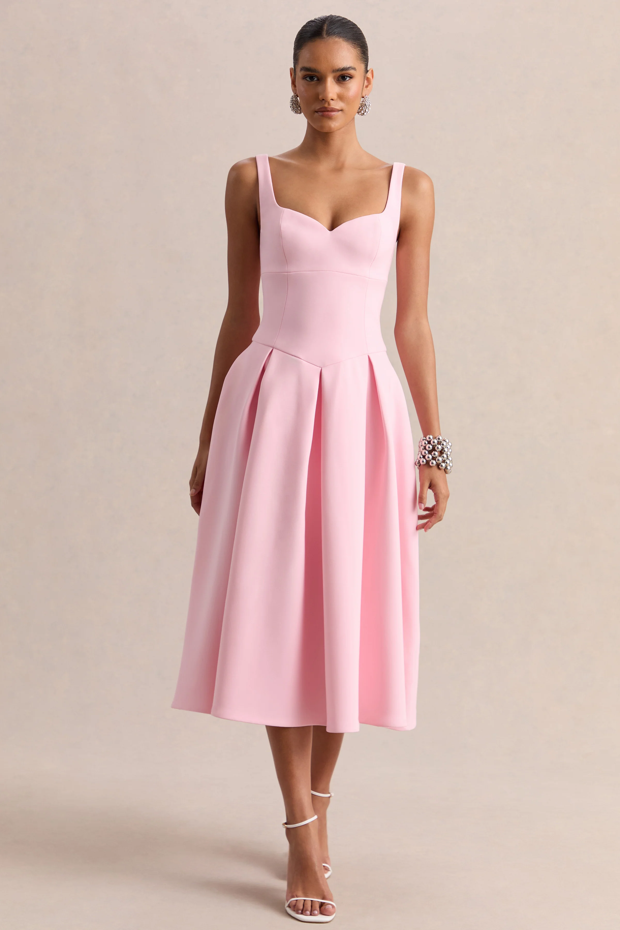 Greta | Light Pink Sweetheart-Neck Midi Dress