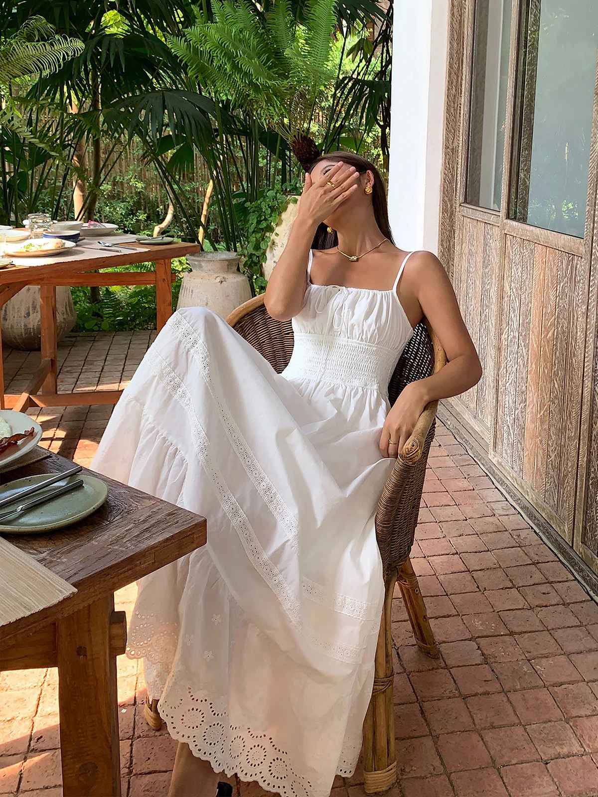 Embroidery Shift Shirred Long Dress - luluinthesky