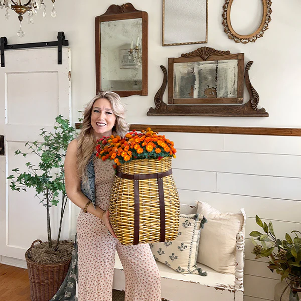 Oversized Rattan Wall Basket with Vegan Leather Trim