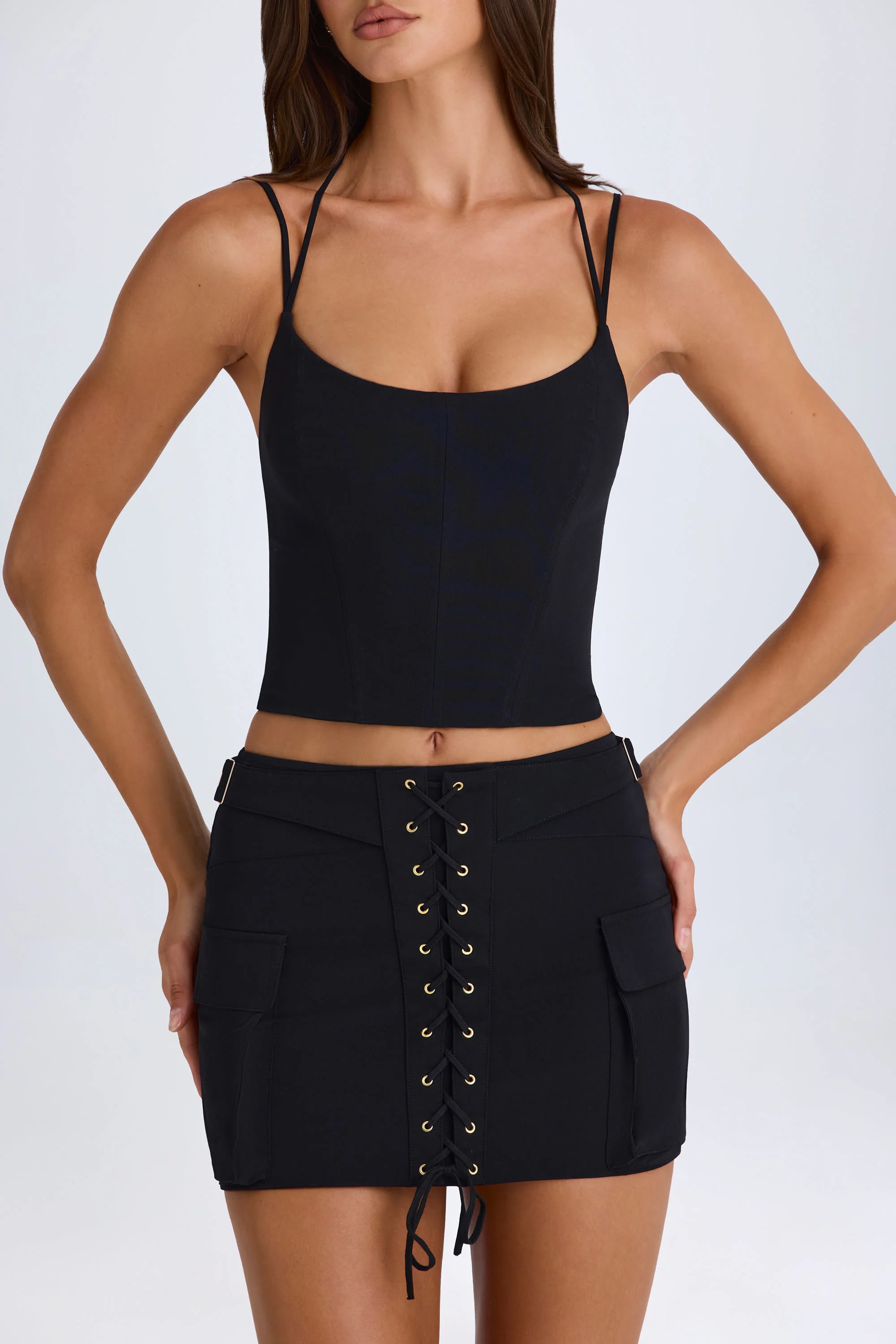 Lace-Up Cargo Micro Mini Skirt in Black