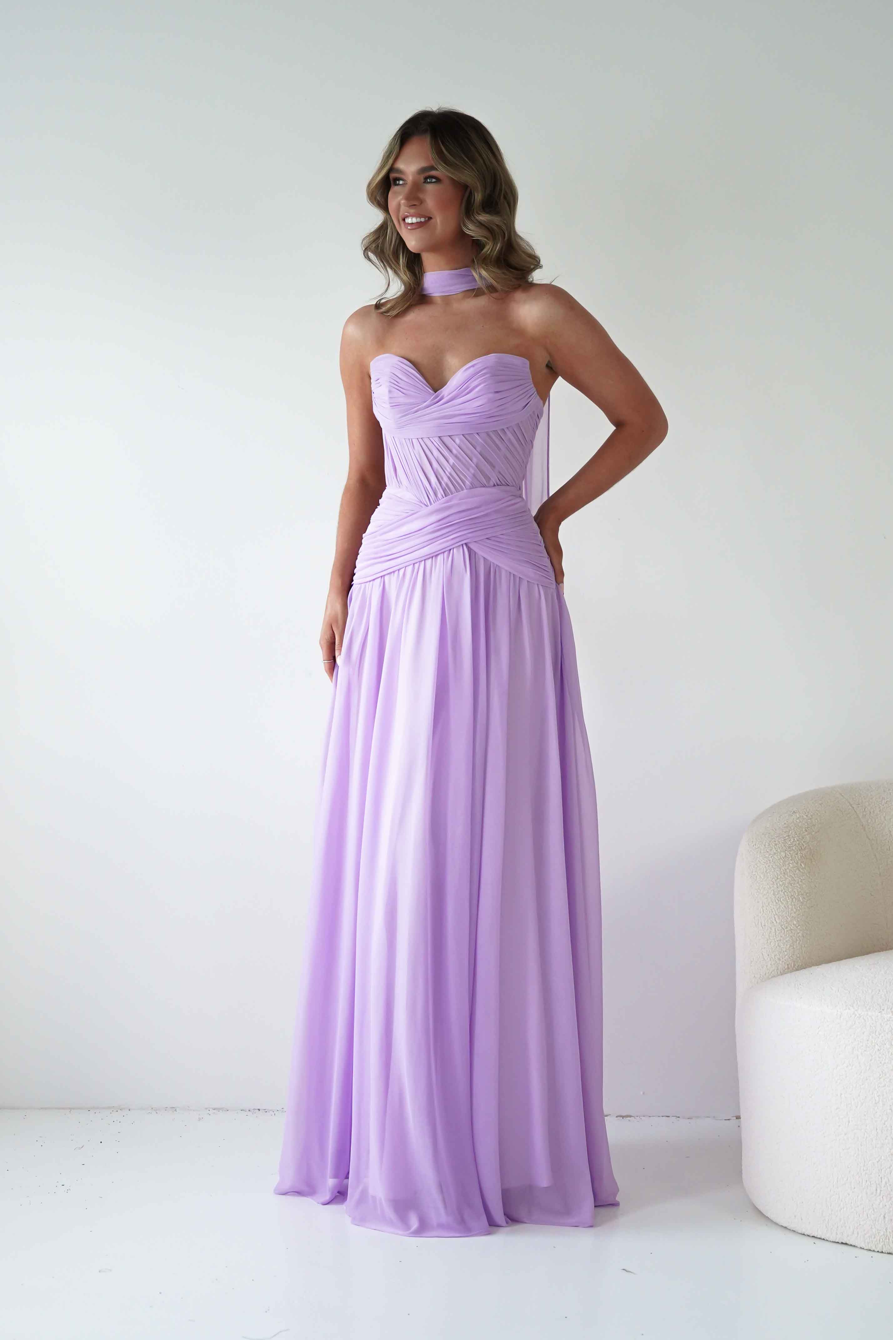 Nicolette Strapless Chiffon Maxi Gown | Lavender