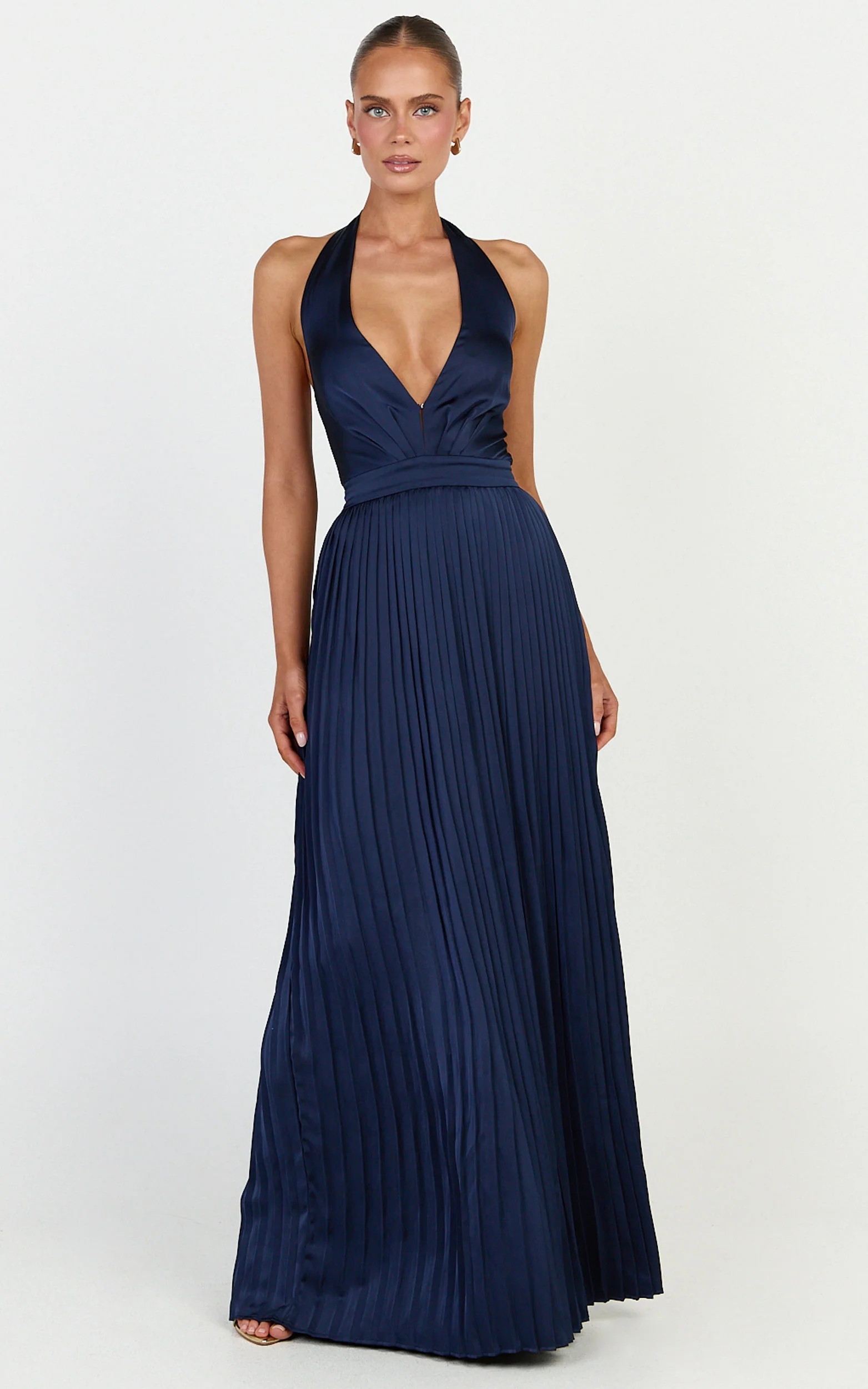 Kayla Maxi Dress - Plunge Neckline Pleated Halter Dress in Navy