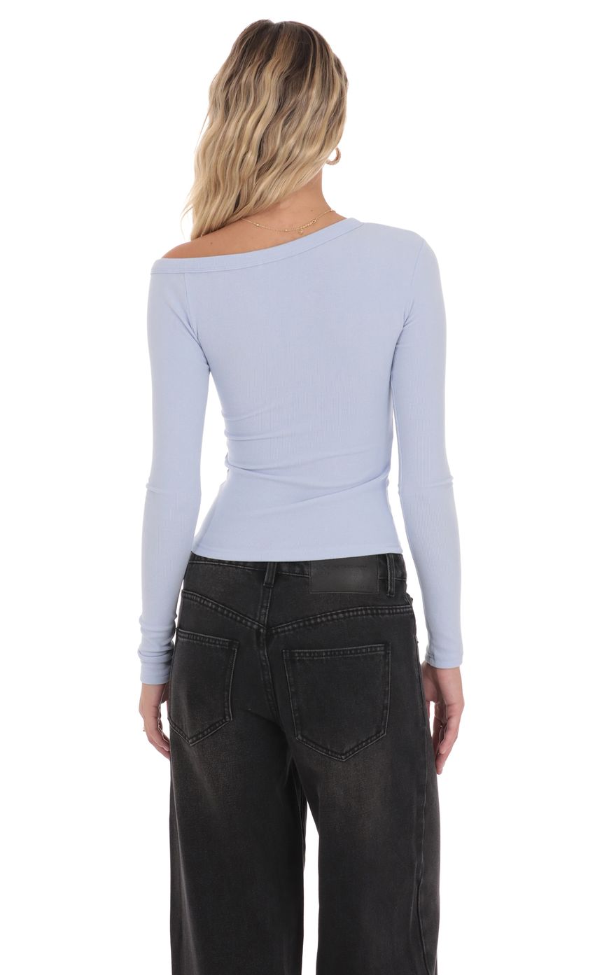 Off Shoulder Henley Top in Light Blue