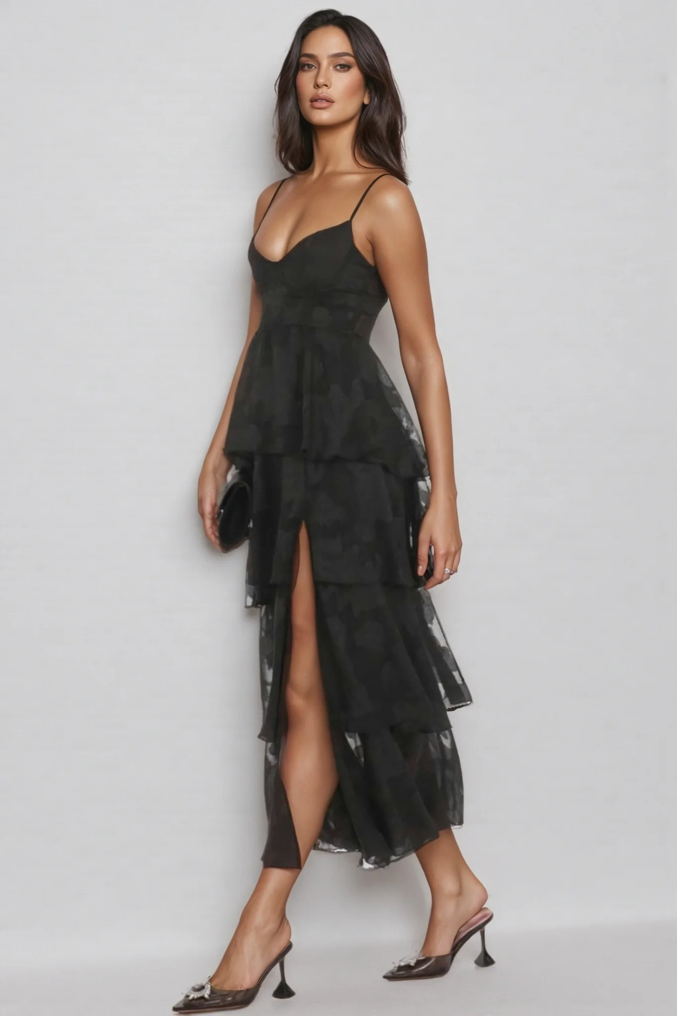 Thomle Black Floral Ruffle A-line Maxi Dress