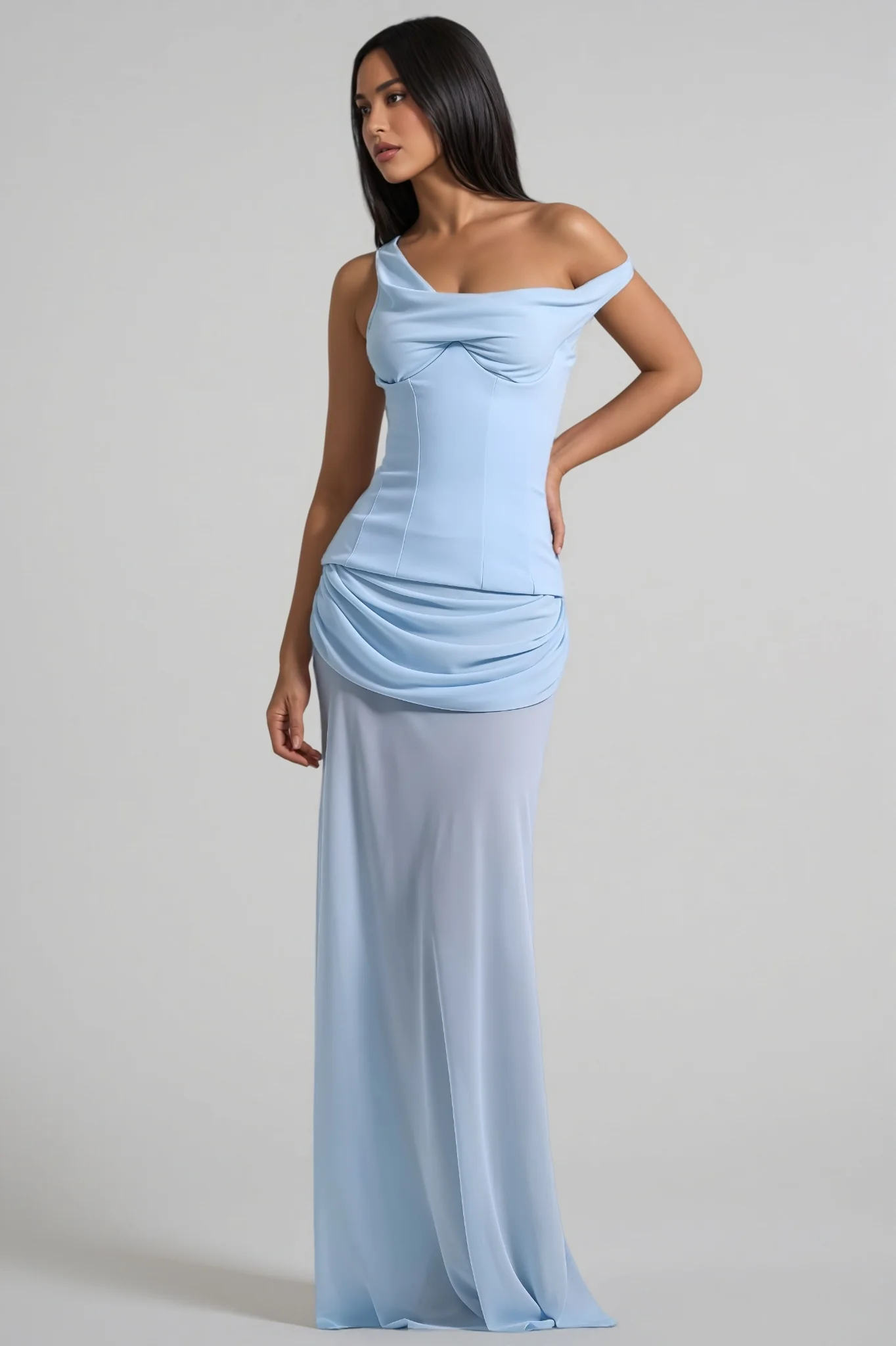 Lzada Blue Off Shoulder Waist Cinched Maxi Dress