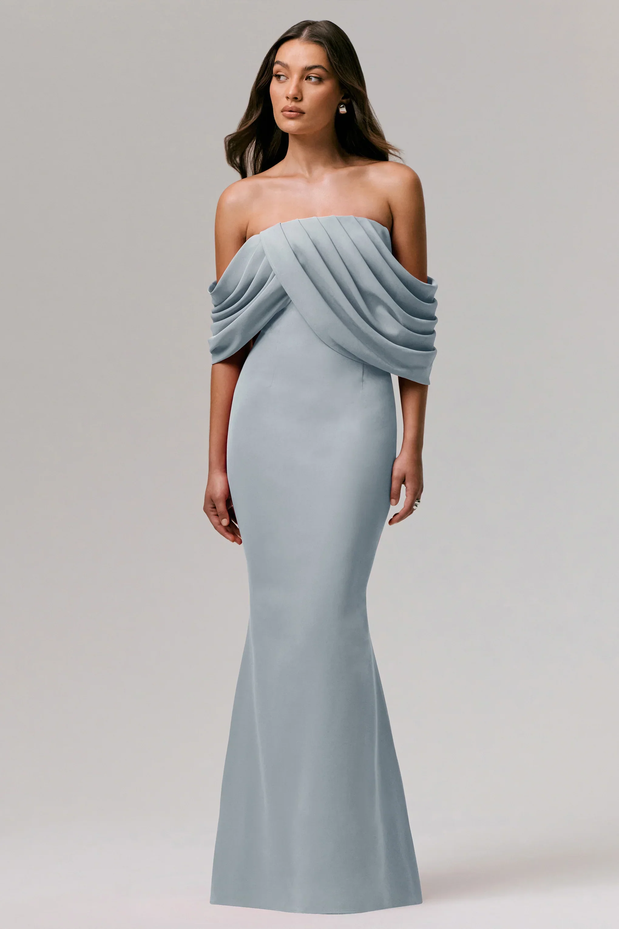 Serene | Powder Blue Draped Bardot Maxi Dress