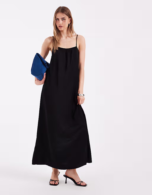 Pieces satin cami maxi dress in black